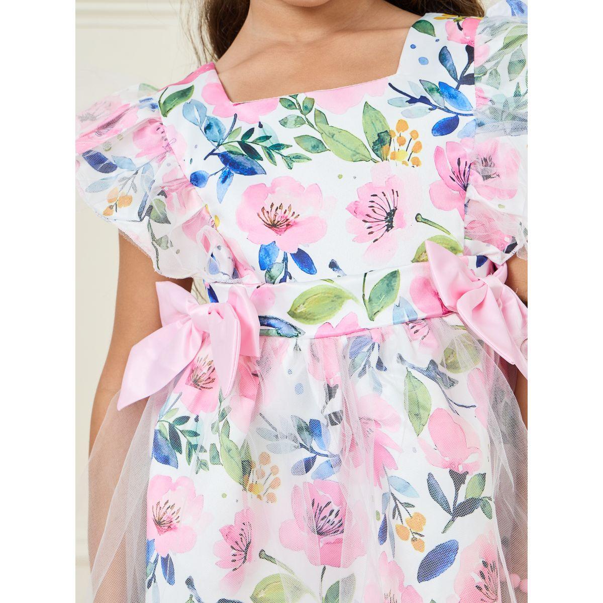 Styli Floral Print Mesh Overlay Bow Front Dress-girls-clothing-dressesandjumpsuits-image-3
