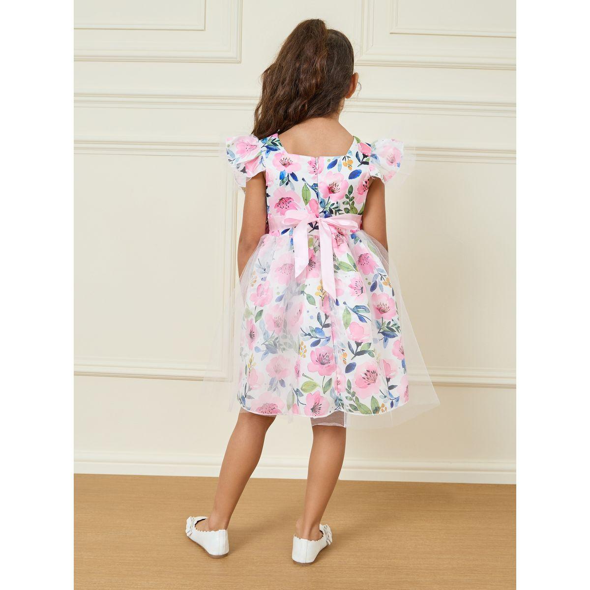 Styli Floral Print Mesh Overlay Bow Front Dress-girls-clothing-dressesandjumpsuits-image-4