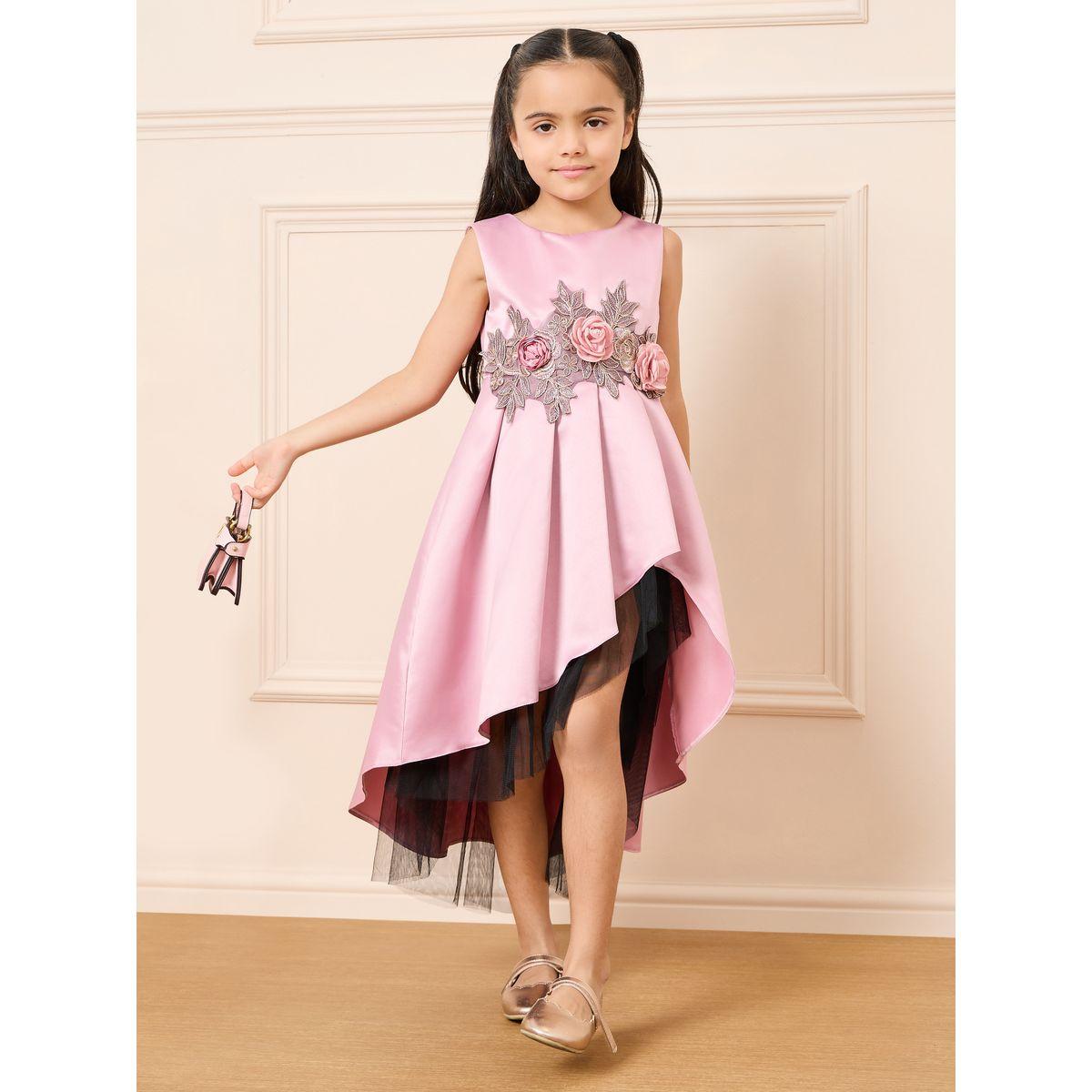 Styli Embellished Floral Applique Box Pleat High Low Hem Dress-girls-clothing-dressesandjumpsuits-image-1