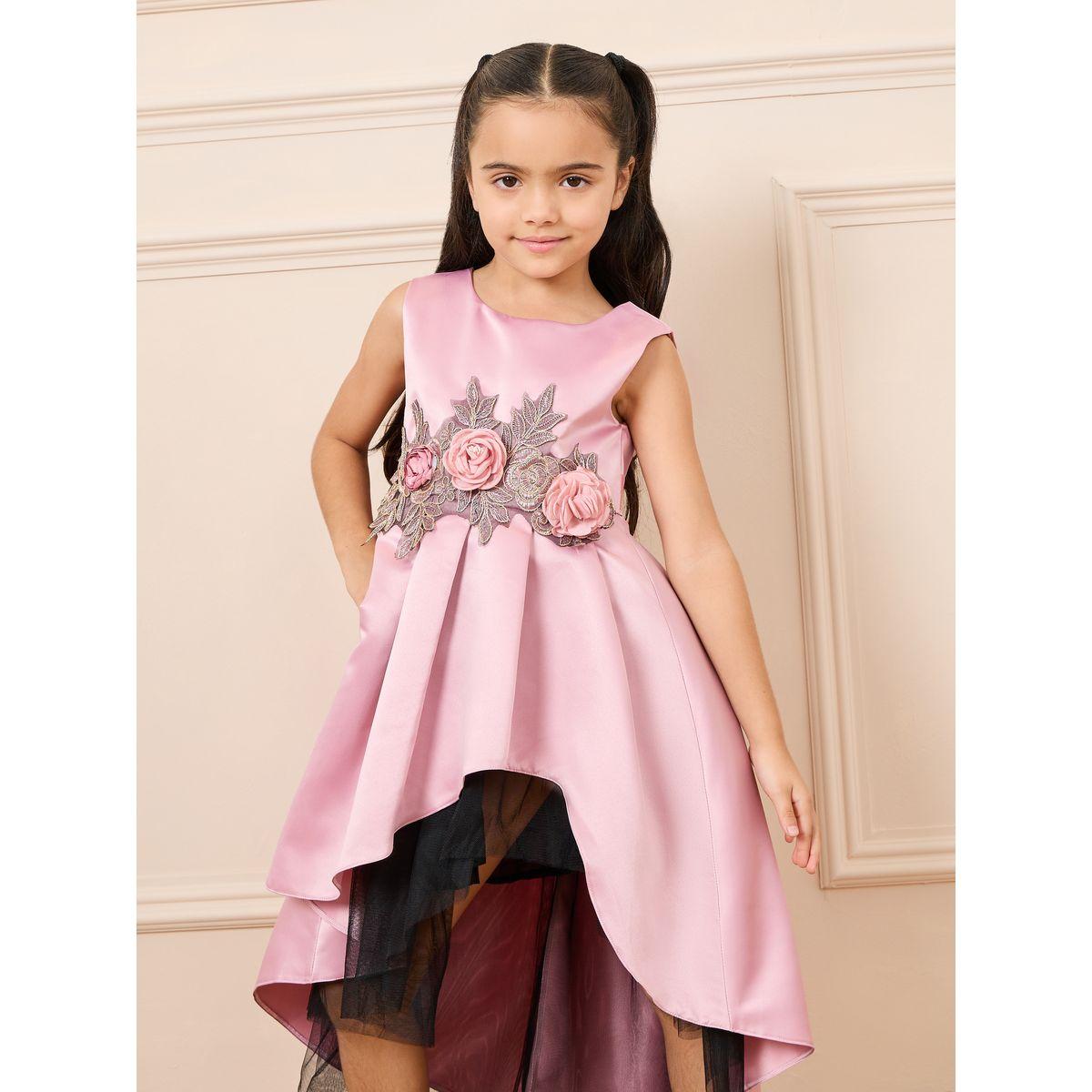 Styli Embellished Floral Applique Box Pleat High Low Hem Dress-girls-clothing-dressesandjumpsuits-image-2