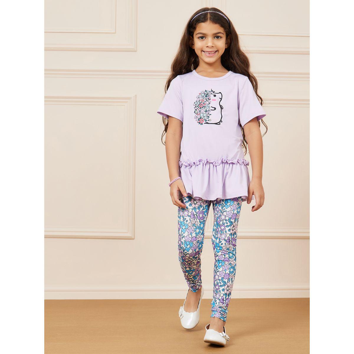 Styli Floral Print Ruffle Hem Longline Top & Legging Set-girls-clothing-setsandcoords-image-2