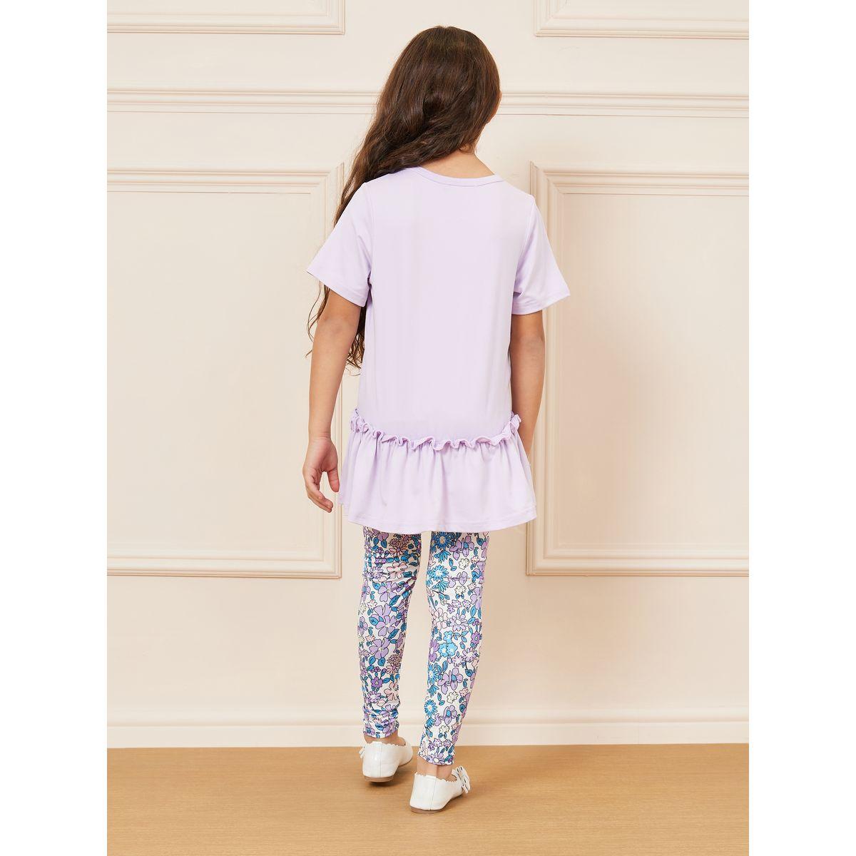 Styli Floral Print Ruffle Hem Longline Top & Legging Set-girls-clothing-setsandcoords-image-6