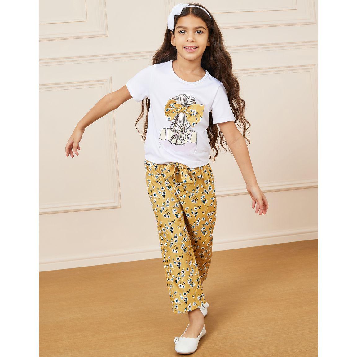 Styli Printed Bow Applique T-shirt and AOP Pant Set-girls-clothing-setsandcoords-image-1