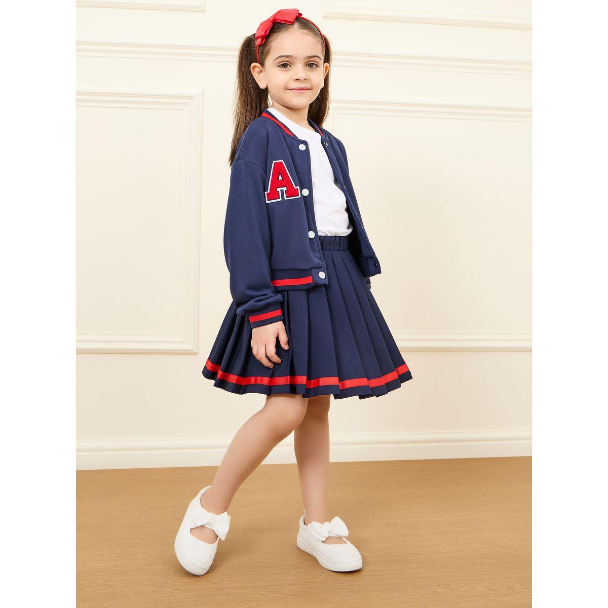 Styli Varsity Patched Jacket and Pleated Skirt Set-girls-clothing-setsandcoords-image-1