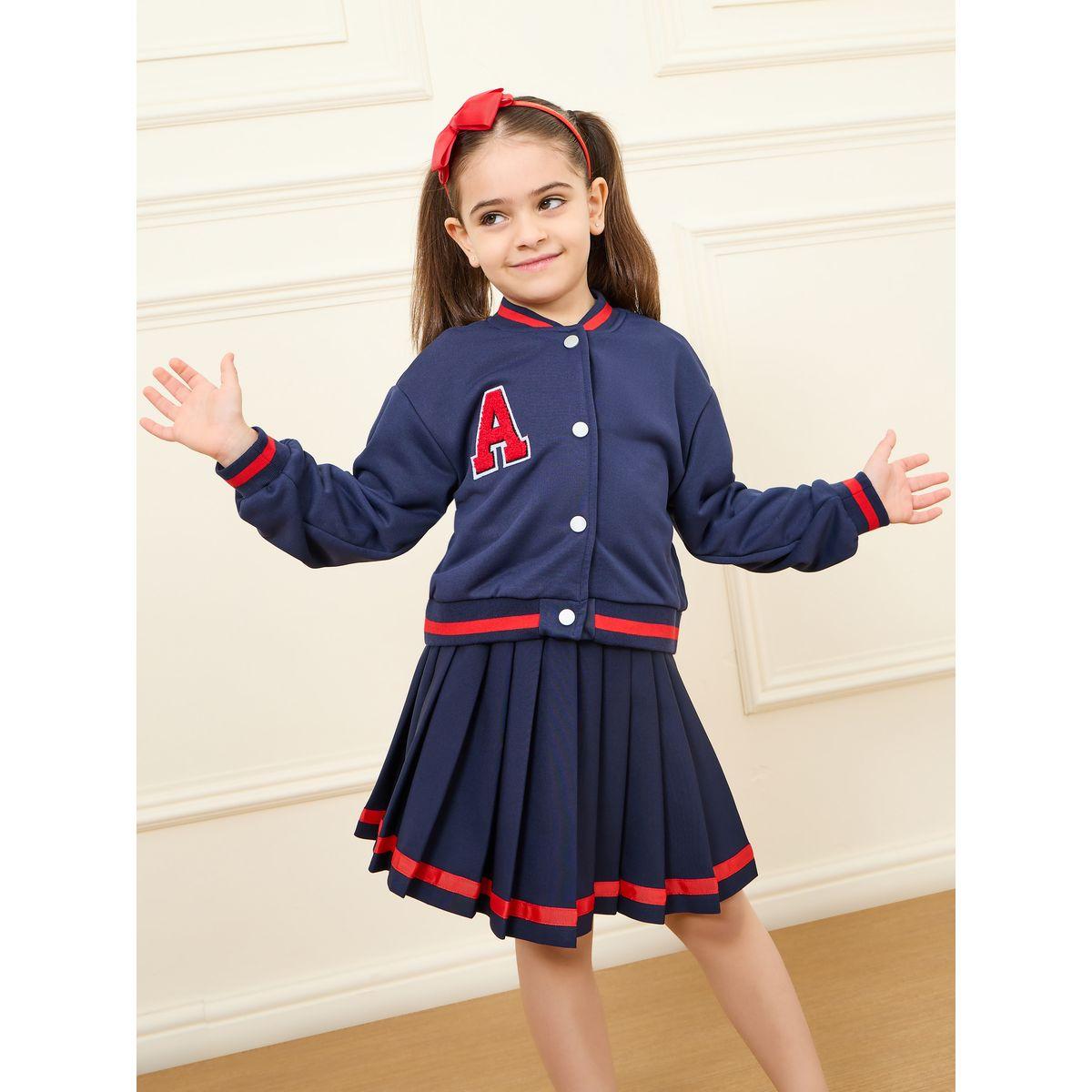 Styli Varsity Patched Jacket and Pleated Skirt Set-girls-clothing-setsandcoords-image-2