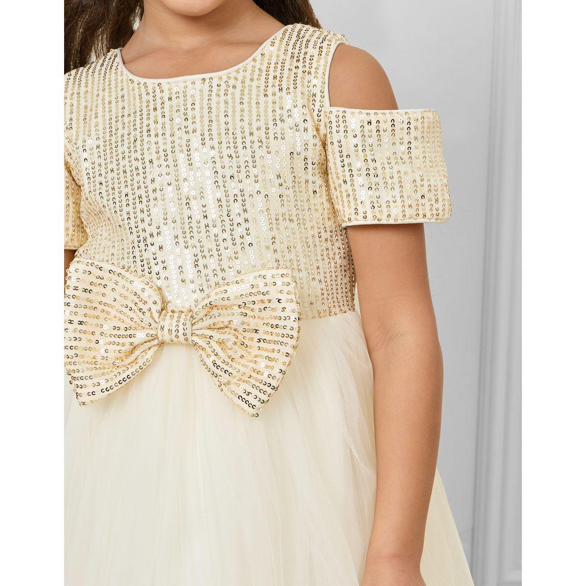 Styli Sequin Detail Cold Shoulder Bow Detail Mesh Skater Dress-girls-clothing-dressesandjumpsuits-image-3