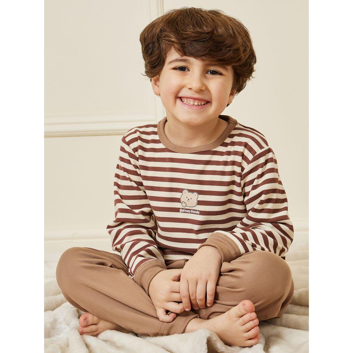 Styli Striped Bear Print Top & Pyjama Set-boys-clothing-nightwear-image-1