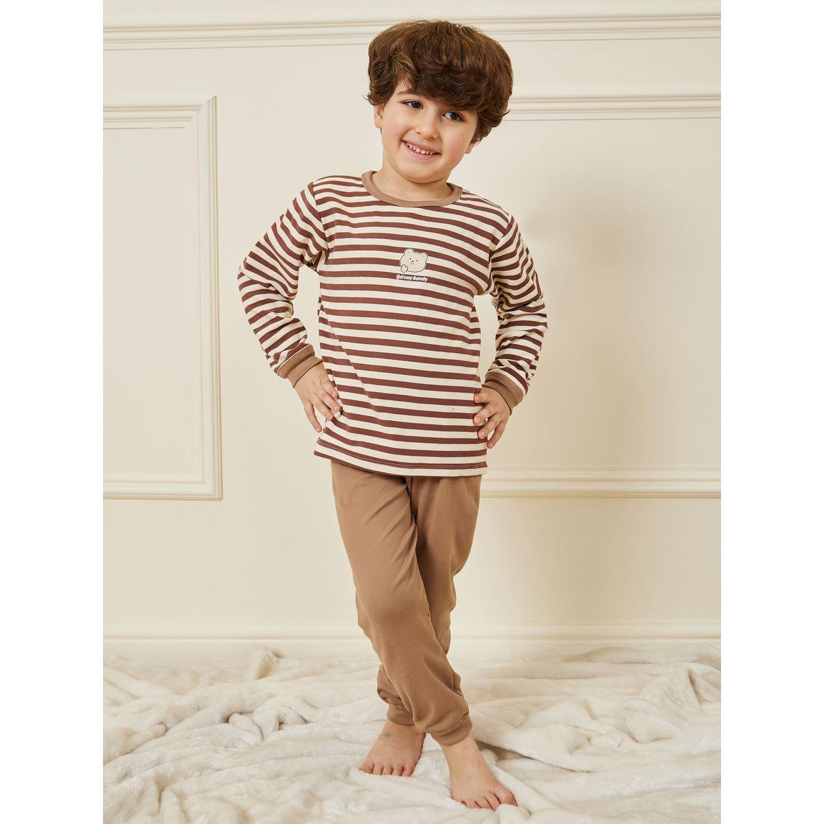 Styli Striped Bear Print Top & Pyjama Set-boys-clothing-nightwear-image-2