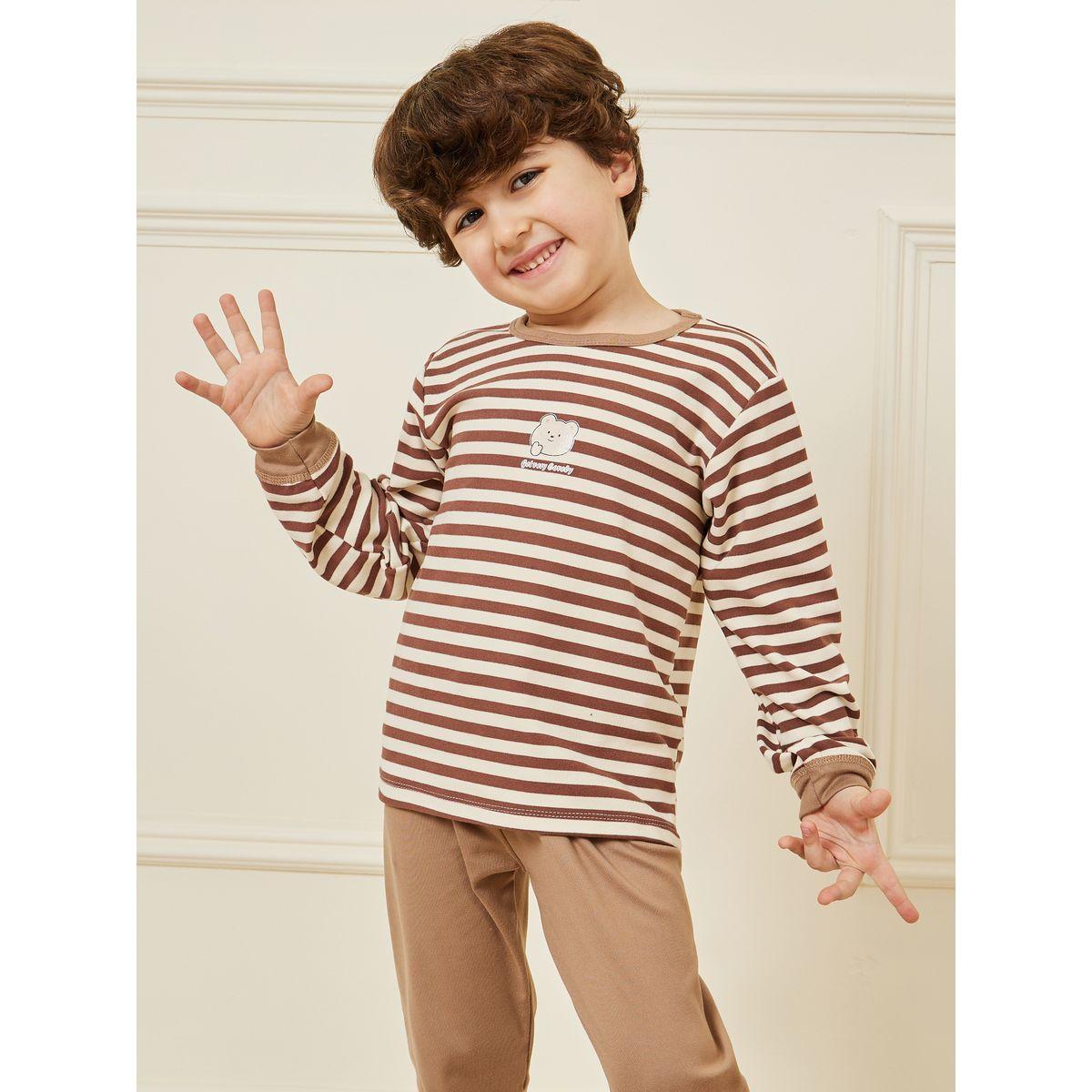 Styli Striped Bear Print Top & Pyjama Set-boys-clothing-nightwear-image-3