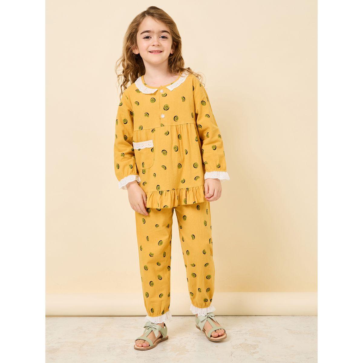 Styli Lace Contrast Collar Printed Top & Pyjama Set-girls-clothing-nightwear-image-1