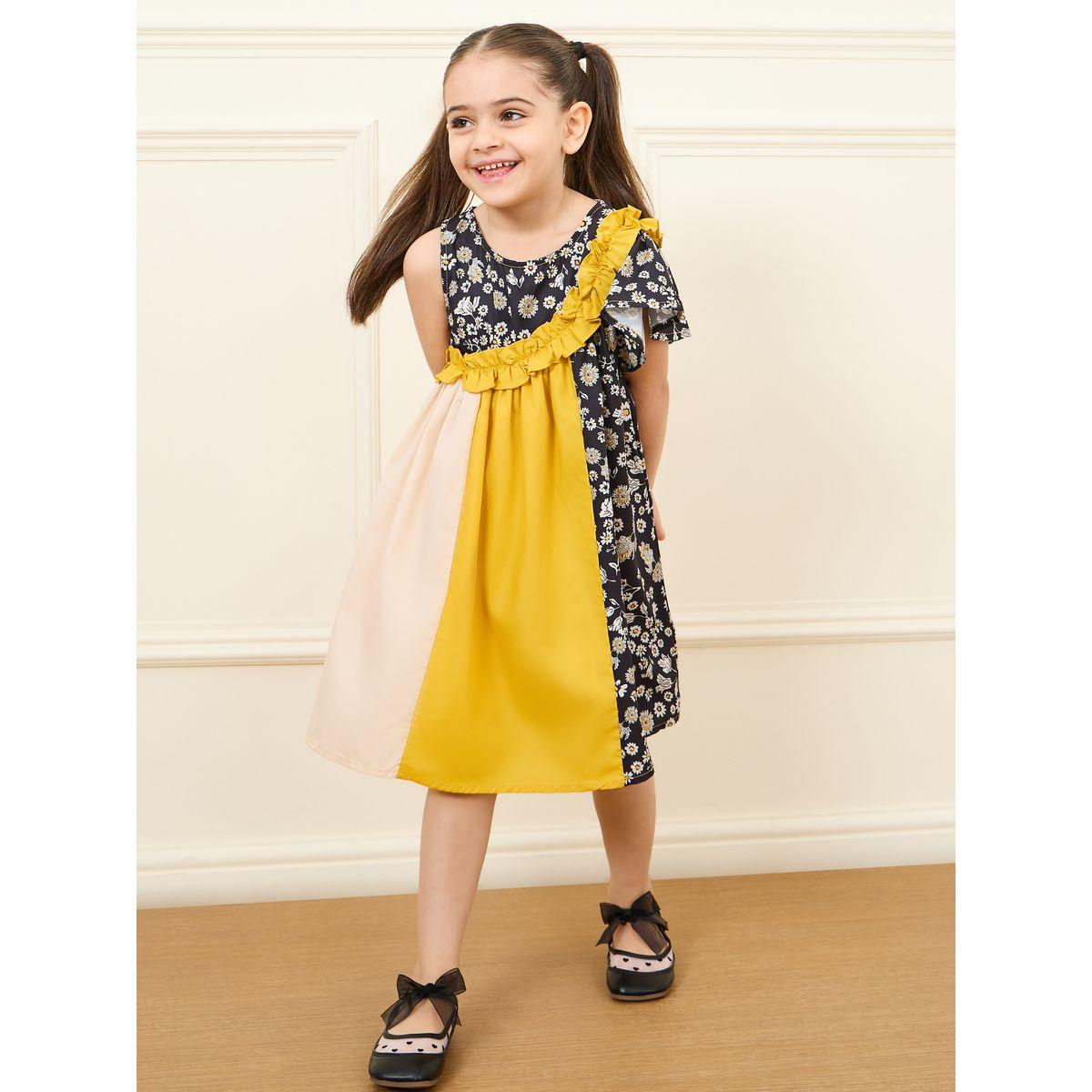 Styli Floral Print Ruffle Detail Colorblock A-Line Dress-girls-clothing-dressesandjumpsuits-image-1