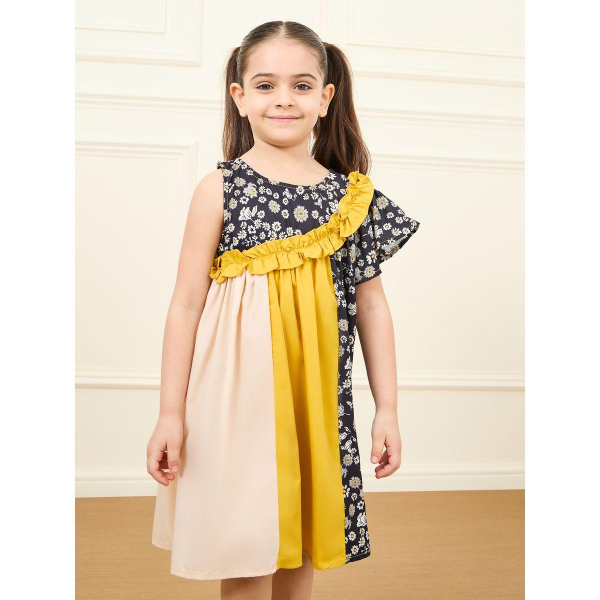 Styli Floral Print Ruffle Detail Colorblock A-Line Dress-girls-clothing-dressesandjumpsuits-image-2