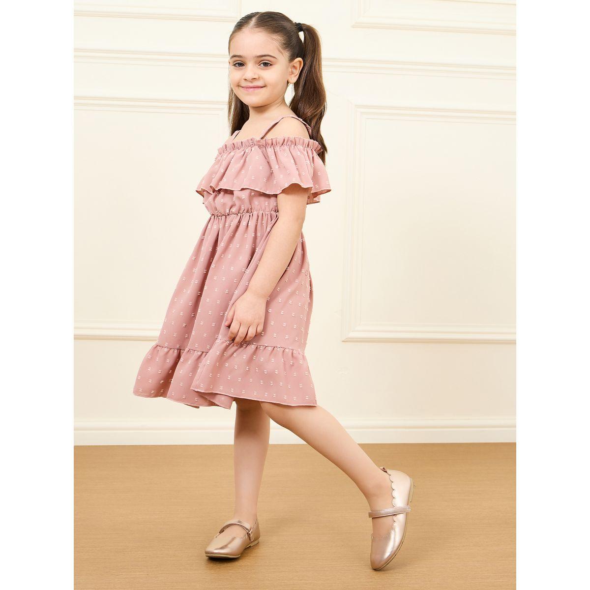 Styli All Over Swiss Dot Cold Shoulder Tiered Dress-girls-clothing-dressesandjumpsuits-image-1