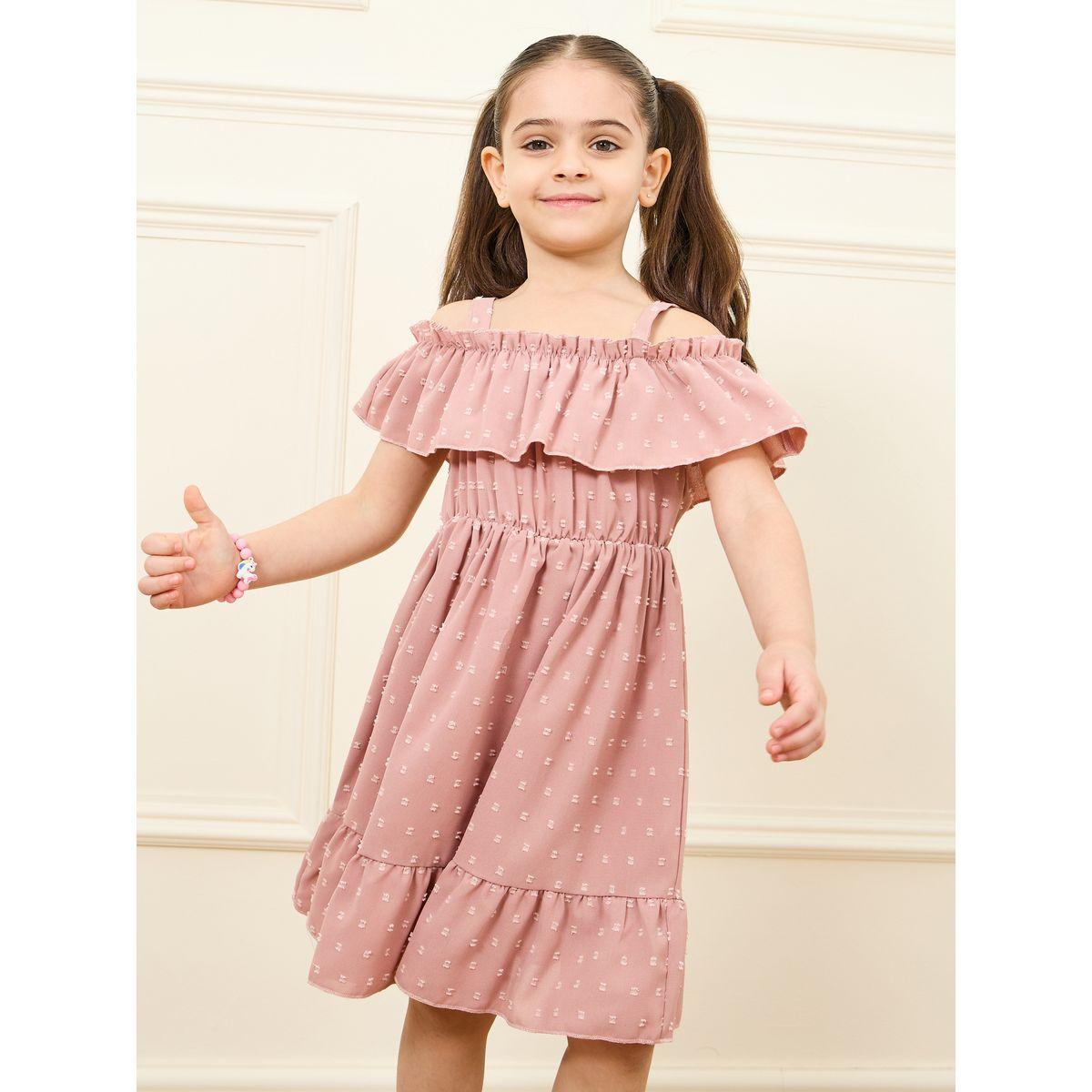 Styli All Over Swiss Dot Cold Shoulder Tiered Dress-girls-clothing-dressesandjumpsuits-image-2