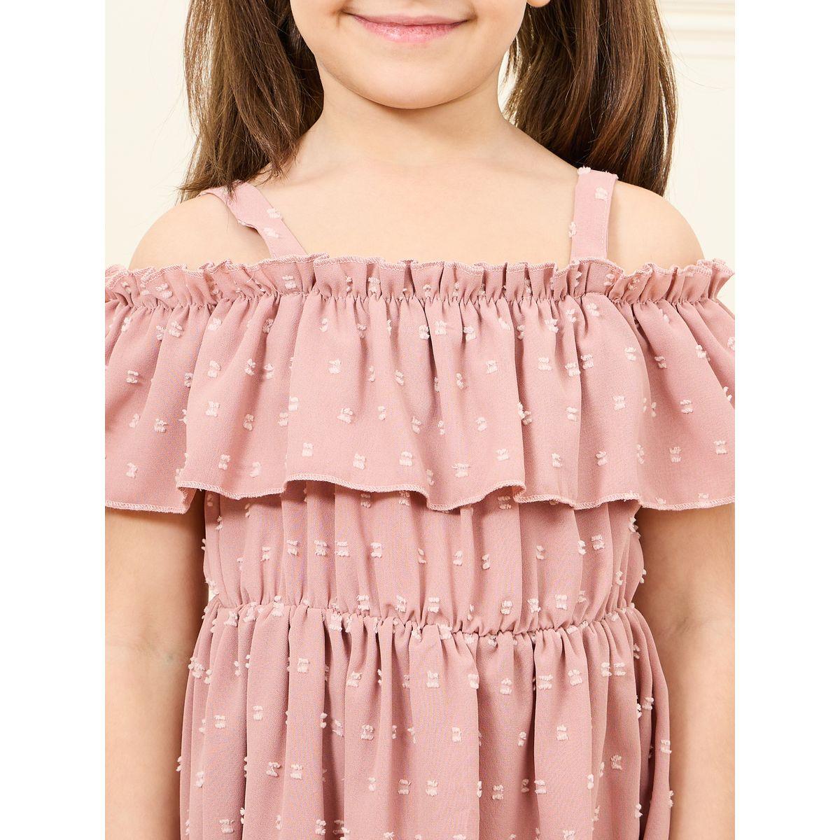 Styli All Over Swiss Dot Cold Shoulder Tiered Dress-girls-clothing-dressesandjumpsuits-image-3