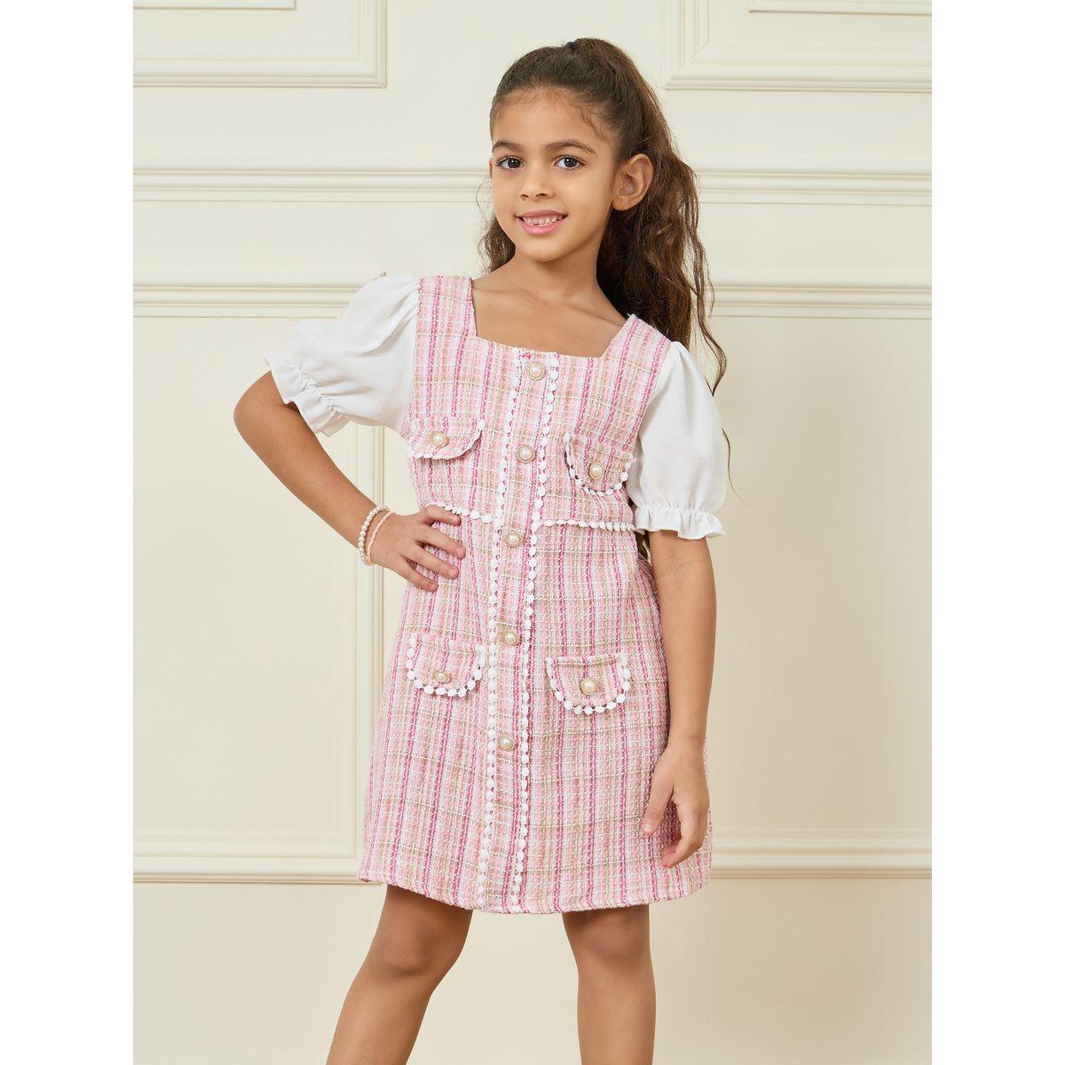Styli Plaid Flap Pocket Detail Puff Sleeve Dress-girls-clothing-dressesandjumpsuits-image-2