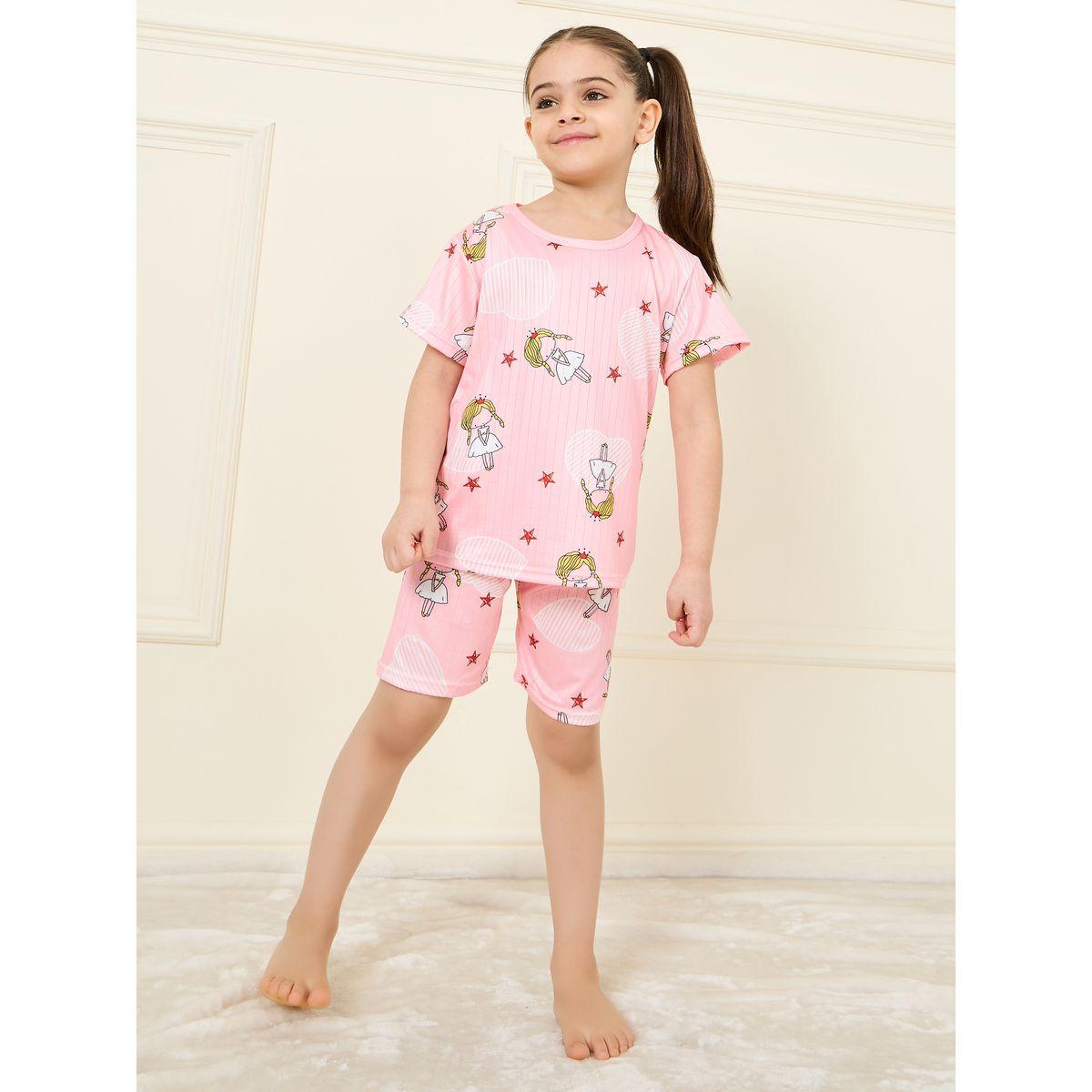 Styli Ribbed Printed Short Sleeve T-Shirt & Shorts Set-girls-clothing-nightwear-image-1