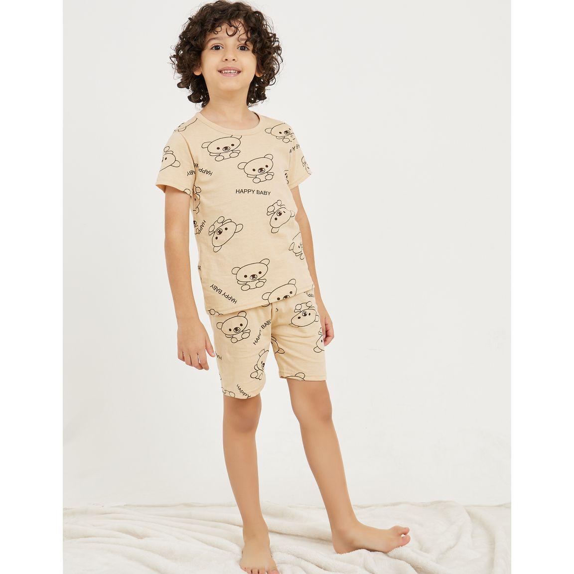 Styli All Over Bear Print T-Shirt & Shorts Set-boys-clothing-nightwear-image-2
