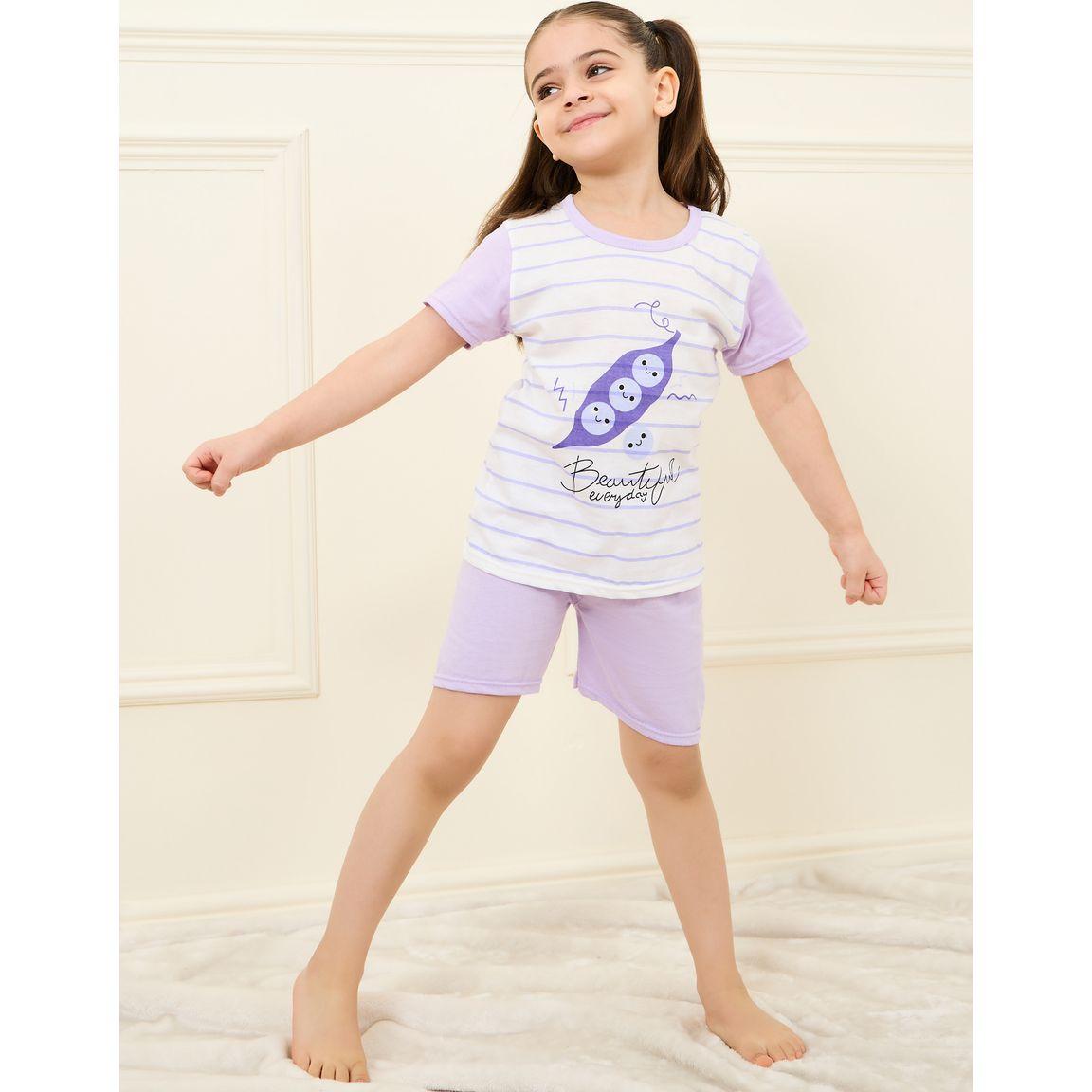 Styli Cotton Striped Printed T-shirt and Short Set-girls-clothing-nightwear-image-1