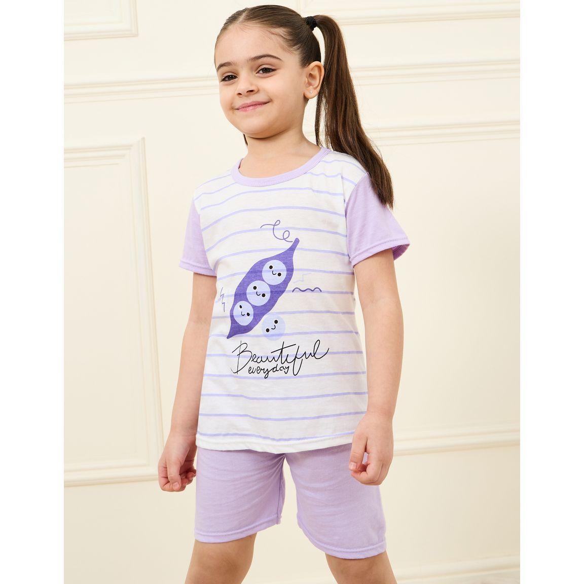 Styli Cotton Striped Printed T-shirt and Short Set-girls-clothing-nightwear-image-2