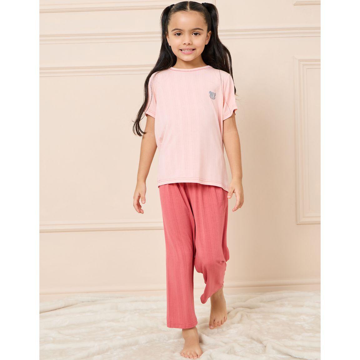 Styli Textured Placement Print T-Shirt & Pyjama Set-girls-clothing-nightwear-image-1