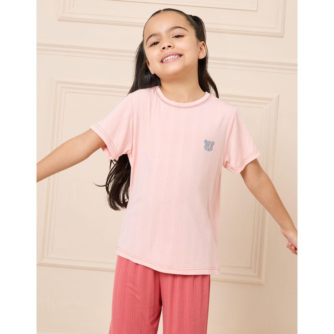 Styli Textured Placement Print T-Shirt & Pyjama Set-girls-clothing-nightwear-image-2