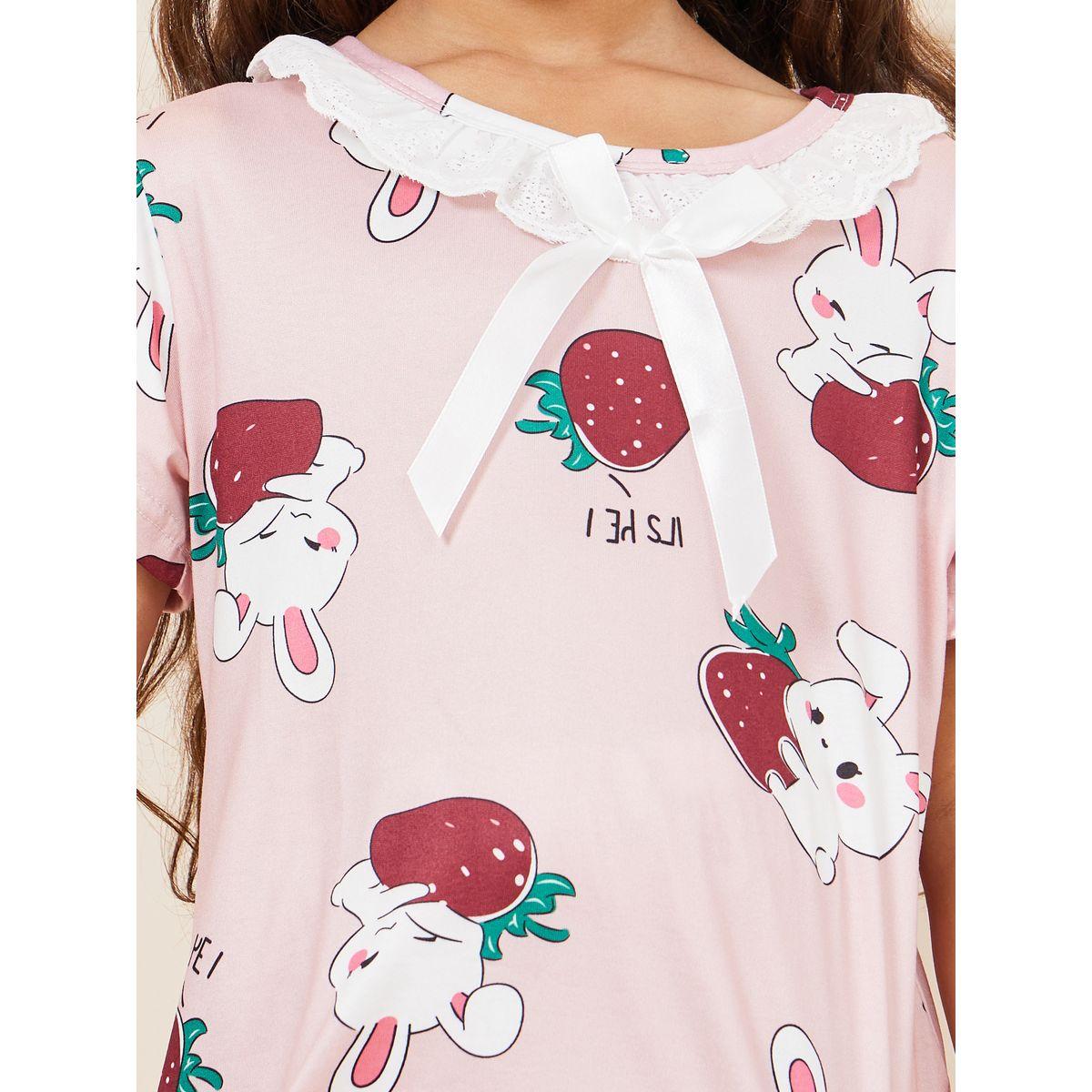 Styli Lace Detail Rabbit Print T-shirt and Pyjama Set-girls-clothing-nightwear-image-3