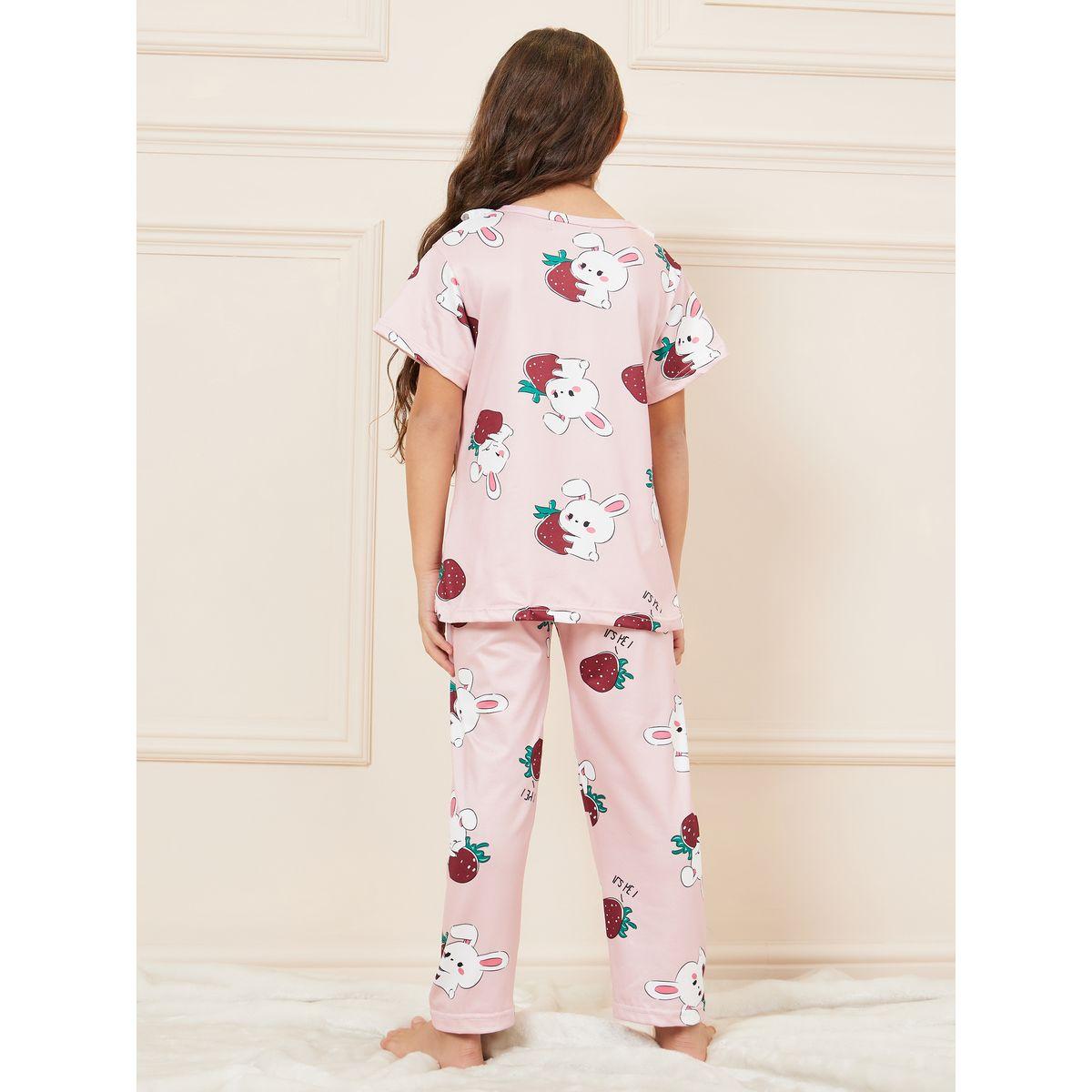 Styli Lace Detail Rabbit Print T-shirt and Pyjama Set-girls-clothing-nightwear-image-5