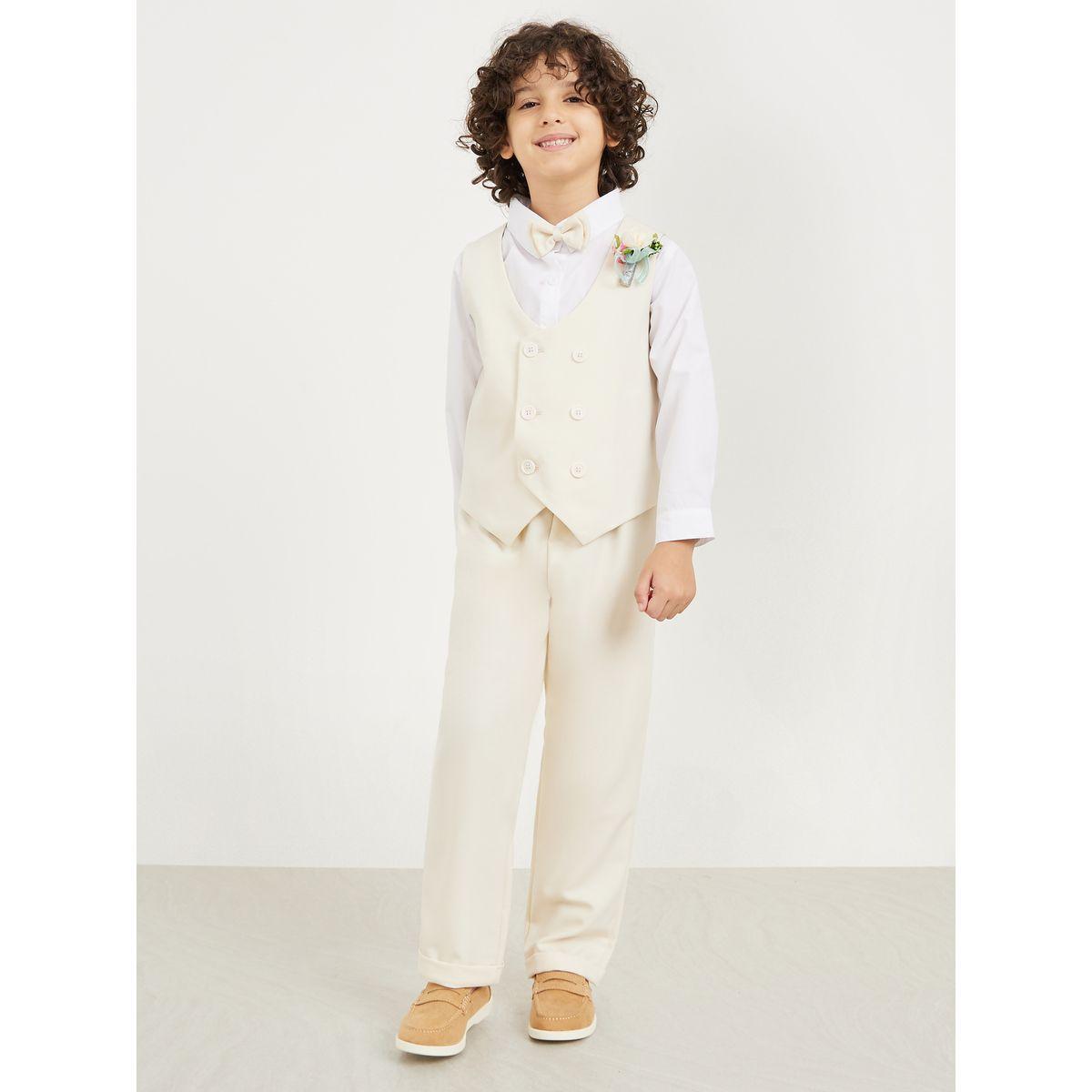 Styli Pack of 4 - Solid Shirt Contrast Vest Bow Corsage and Pant Set-boys-clothing-setsandcoords-image-3