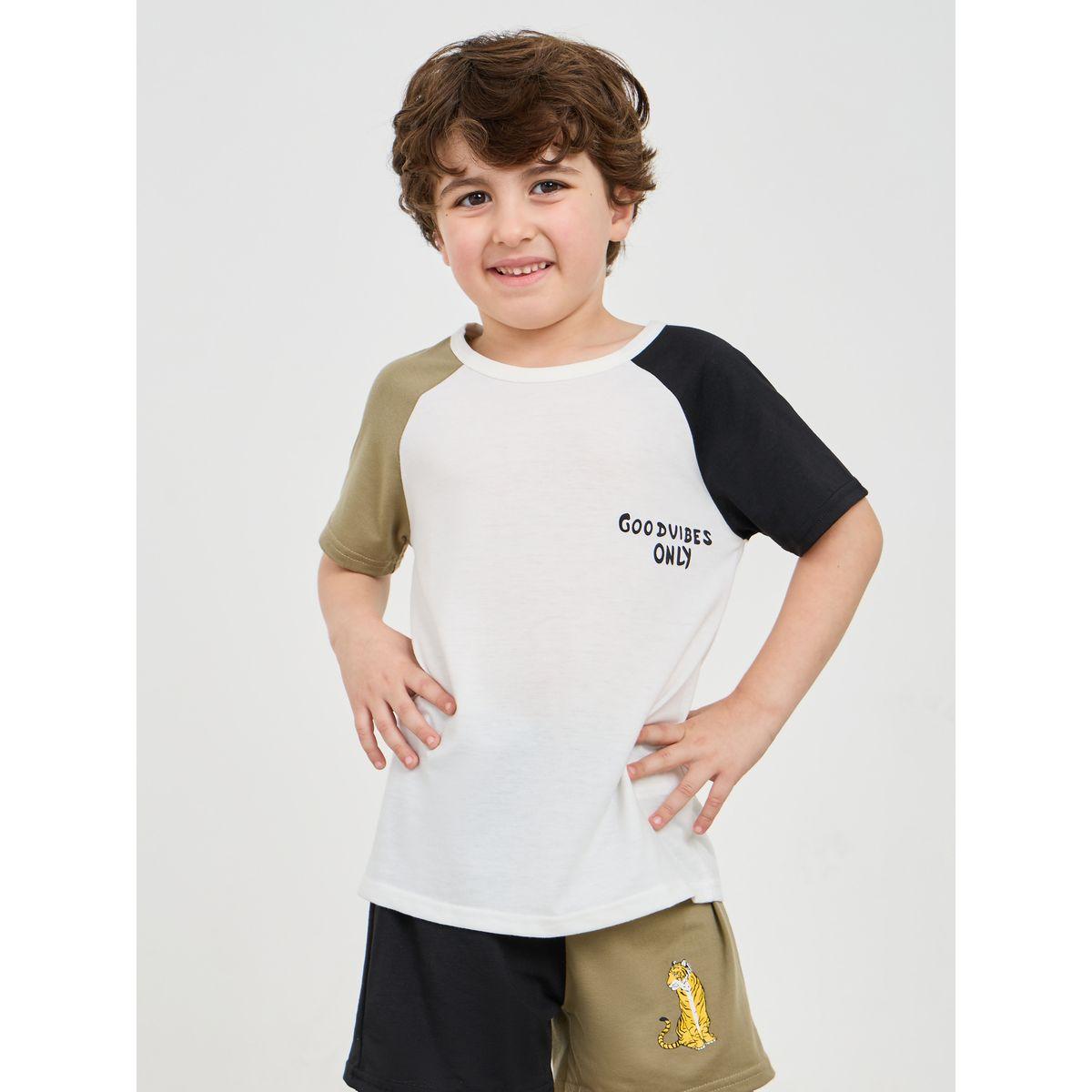 Styli Colorblock Slogan Print T-Shirt & Shorts Set-boys-clothing-setsandcoords-image-2