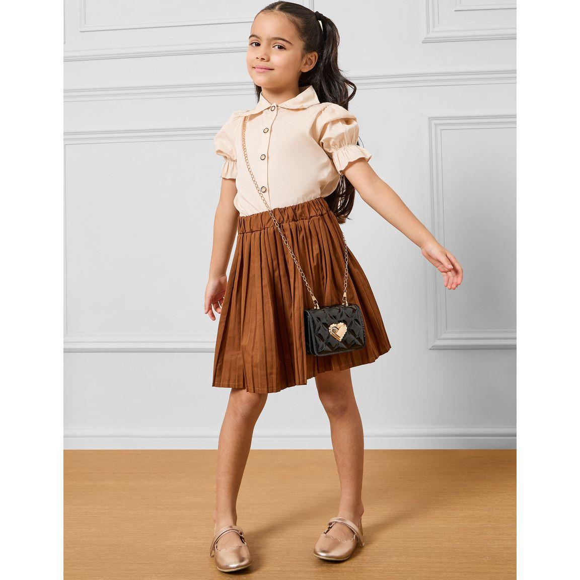 Styli Puff Sleeve Shirt & Pleated Skirt Set-girls-clothing-setsandcoords-image-1