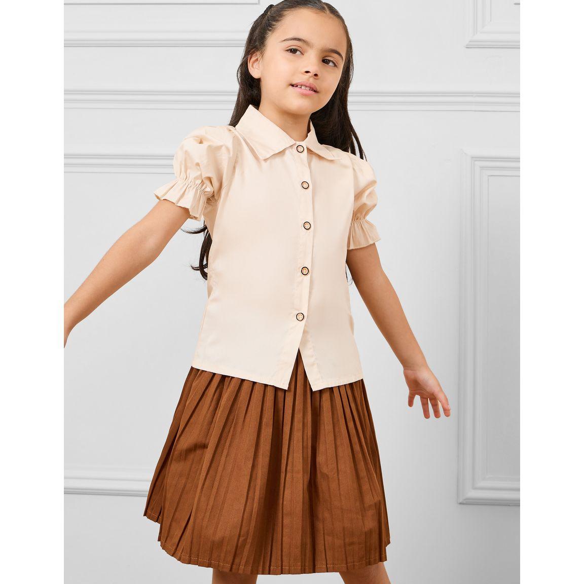 Styli Puff Sleeve Shirt & Pleated Skirt Set-girls-clothing-setsandcoords-image-2