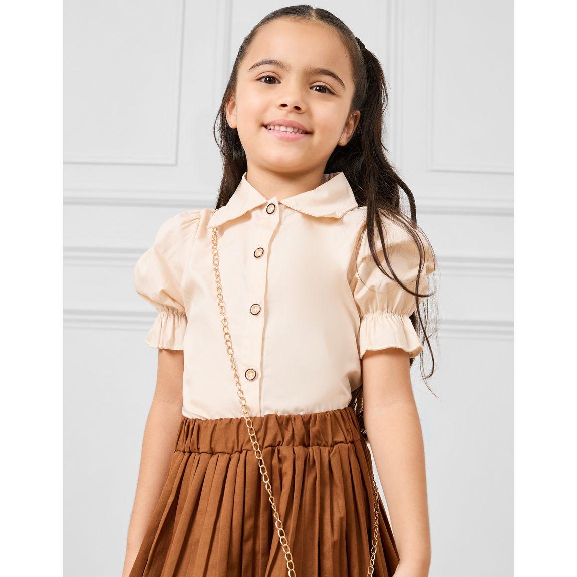 Styli Puff Sleeve Shirt & Pleated Skirt Set-girls-clothing-setsandcoords-image-4