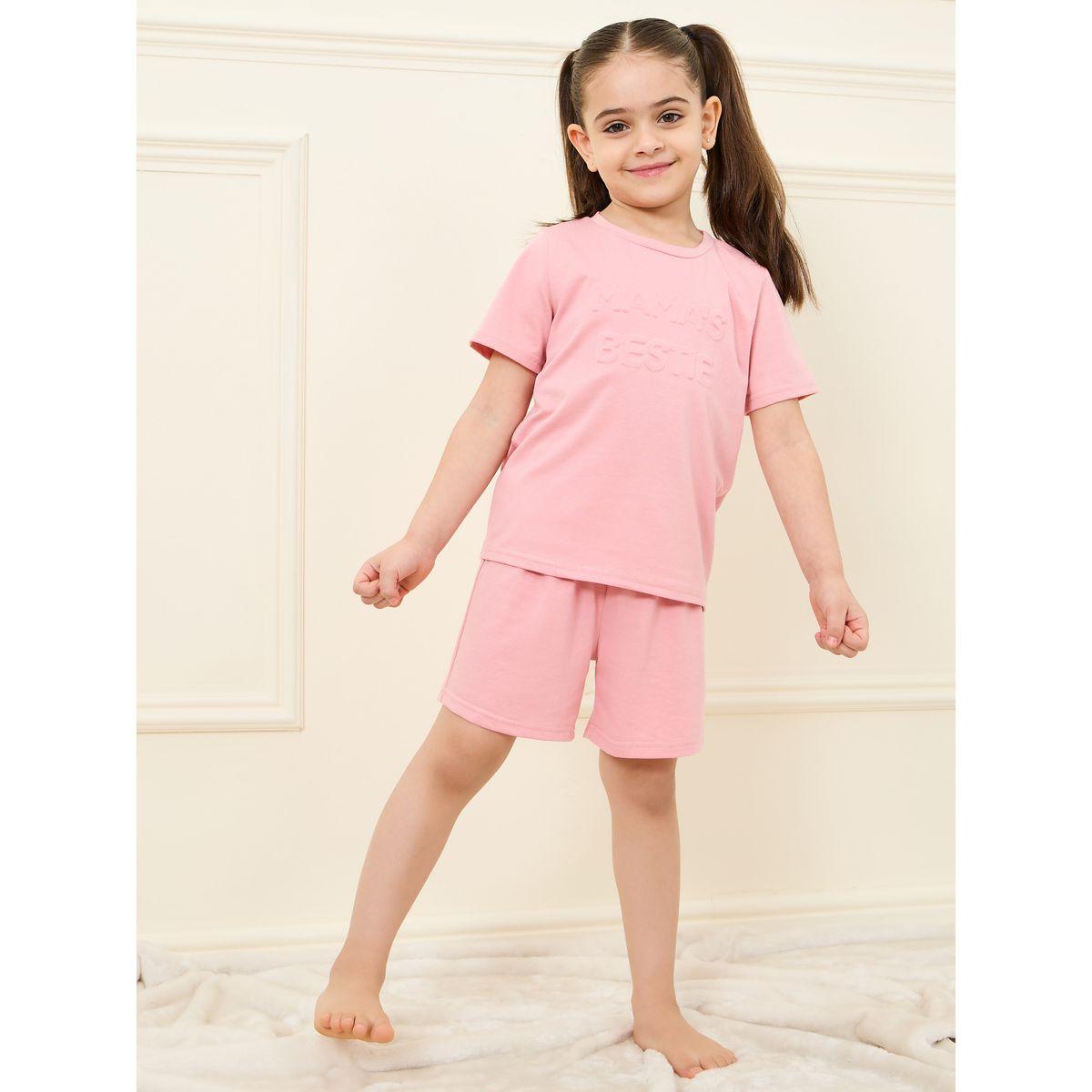Styli Embossed Cotton T-shirt & Short Set-girls-clothing-setsandcoords-image-1