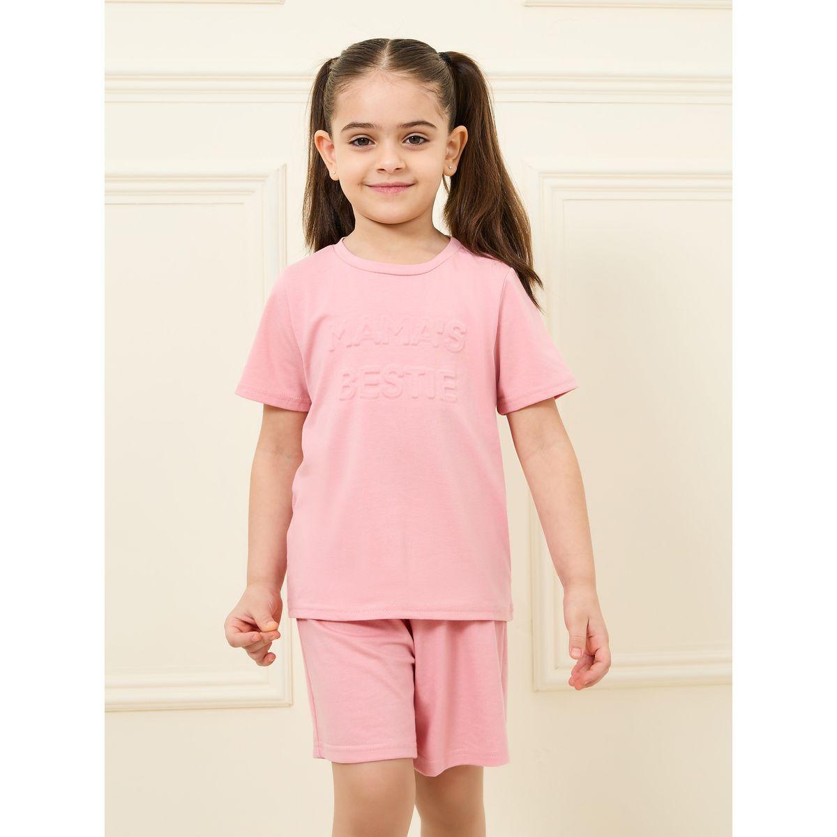 Styli Embossed Cotton T-shirt & Short Set-girls-clothing-setsandcoords-image-2