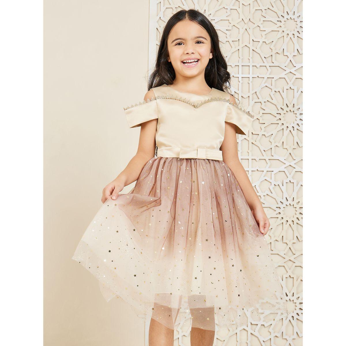 Styli Bow Detail Star Embellished Mesh Dress with Tie Up-girls-clothing-dressesandjumpsuits-image-1