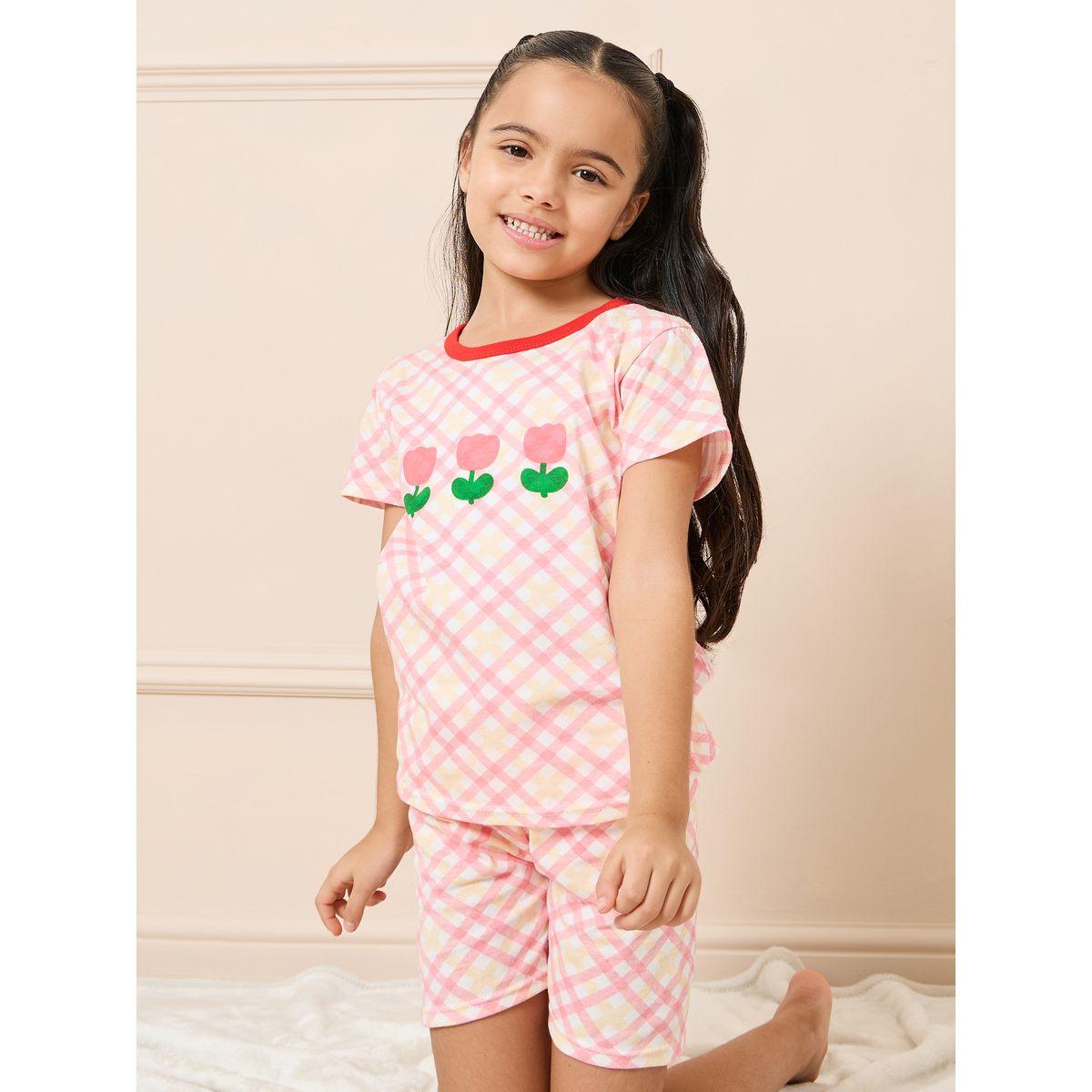 Styli Floral Embroidered Checked Print T-shirt and Short Set-girls-clothing-nightwear-image-1