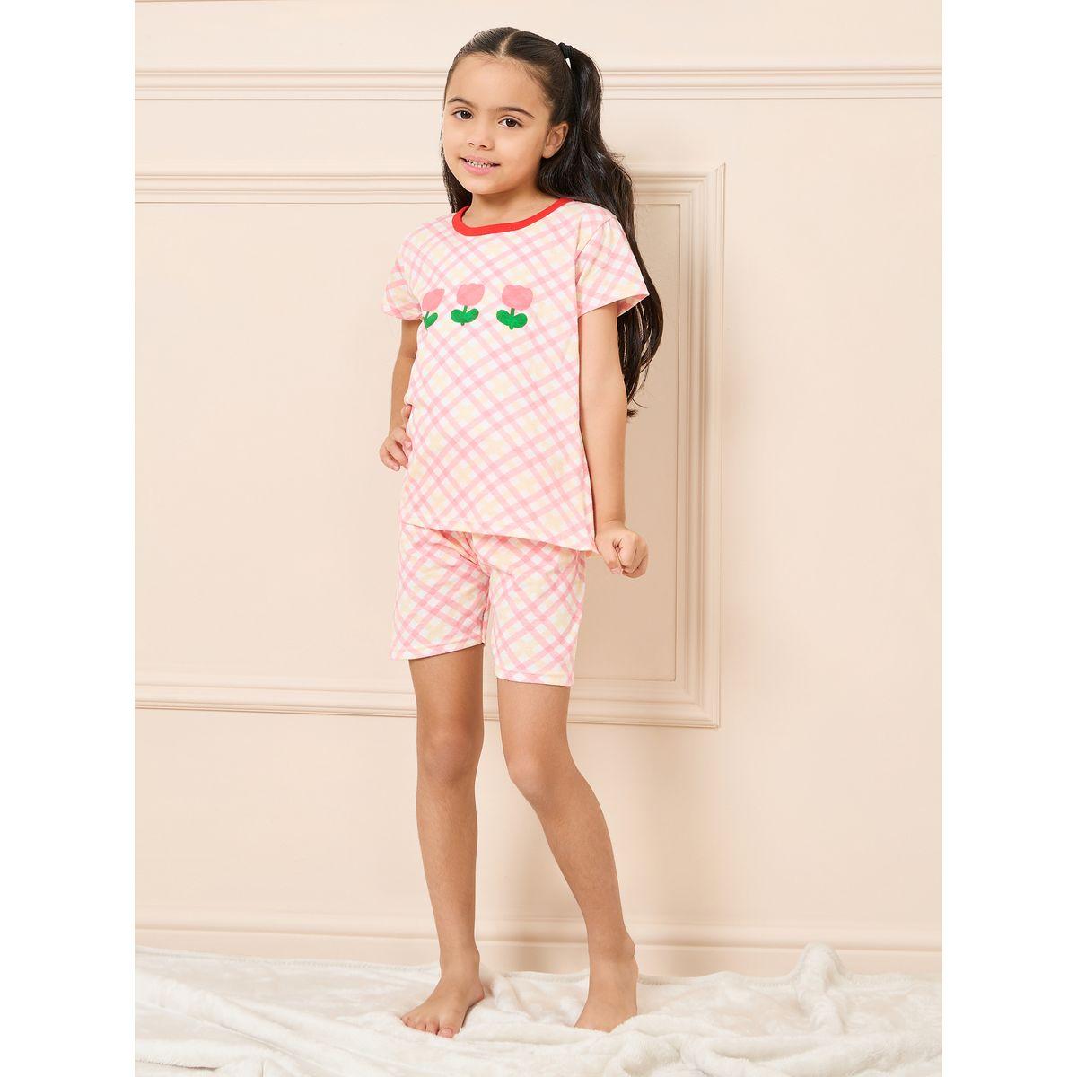 Styli Floral Embroidered Checked Print T-shirt and Short Set-girls-clothing-nightwear-image-2