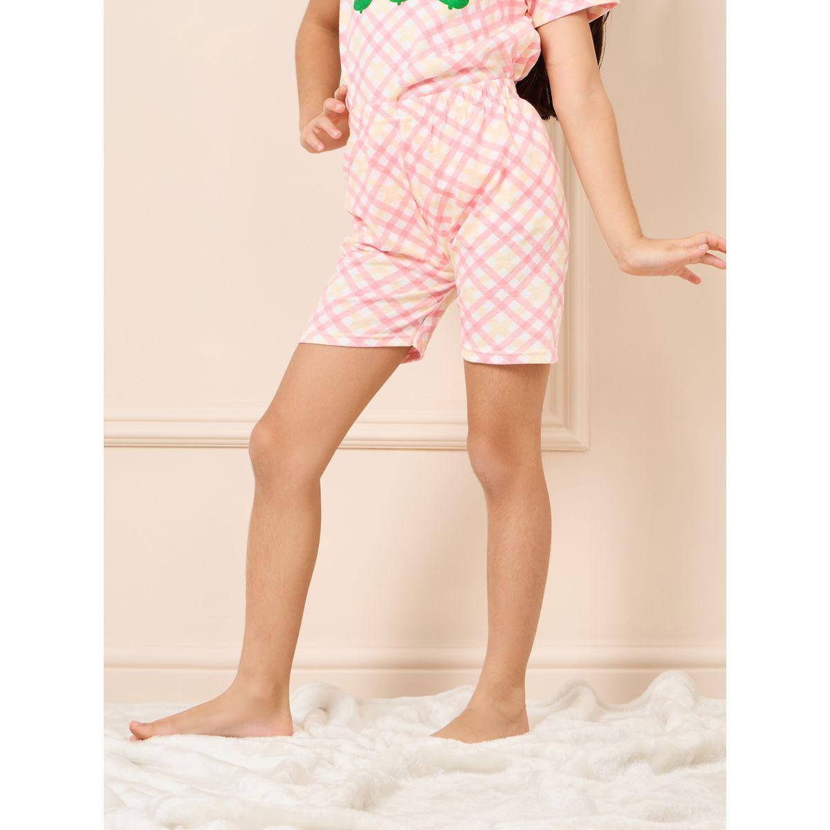Styli Floral Embroidered Checked Print T-shirt and Short Set-girls-clothing-nightwear-image-4