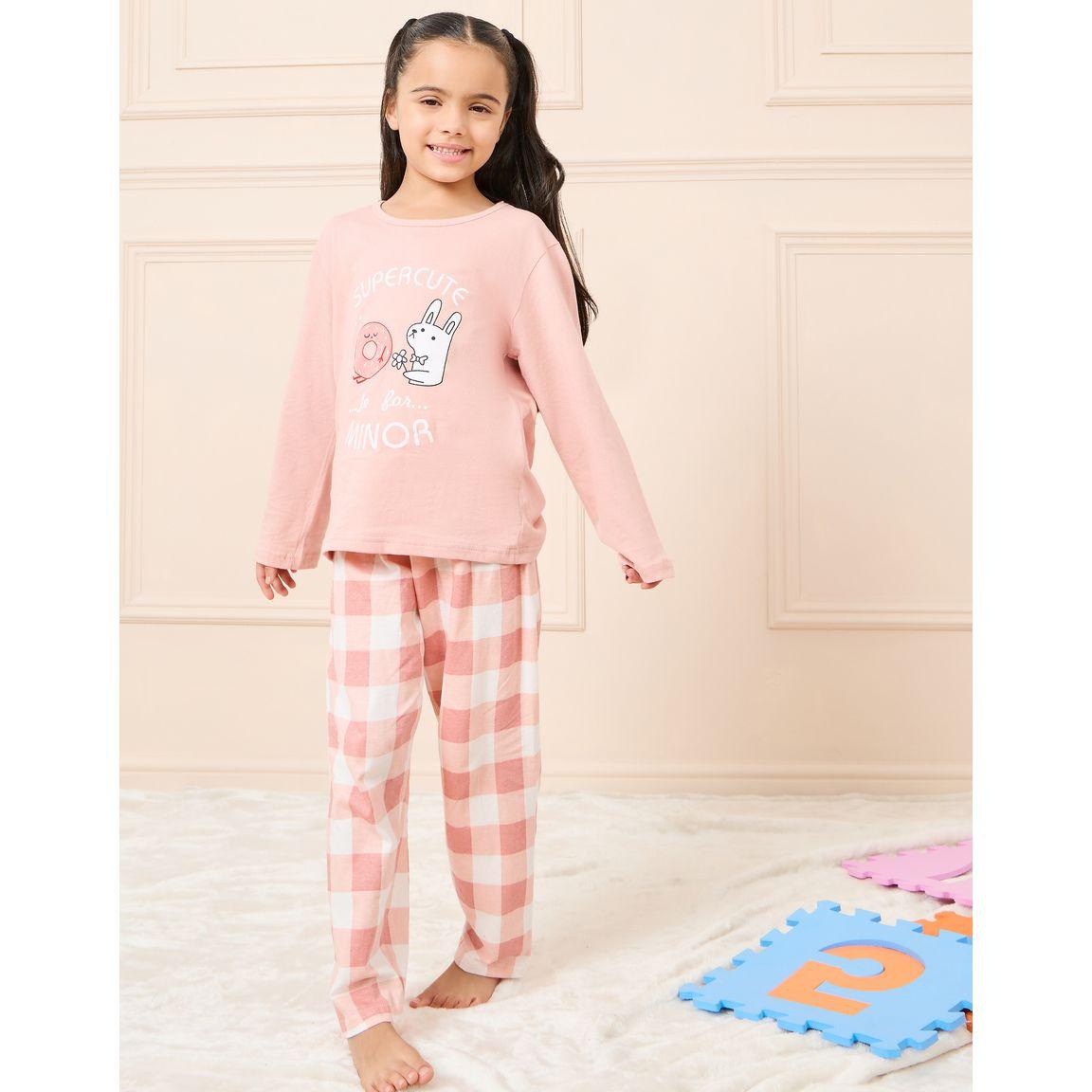 Styli Graphic Print Long Sleeve T-Shirt & Checked Pyjama Set-girls-clothing-nightwear-image-1