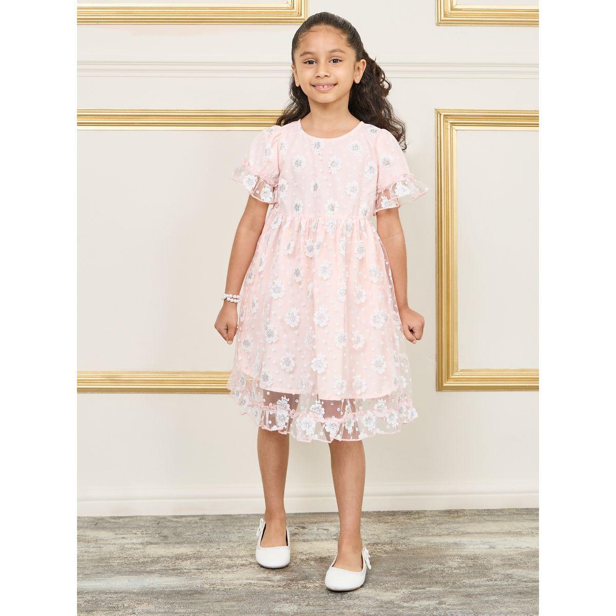 Styli Glitter Floral Print Mesh Overlay A-Line Dress-girls-clothing-dressesandjumpsuits-image-1