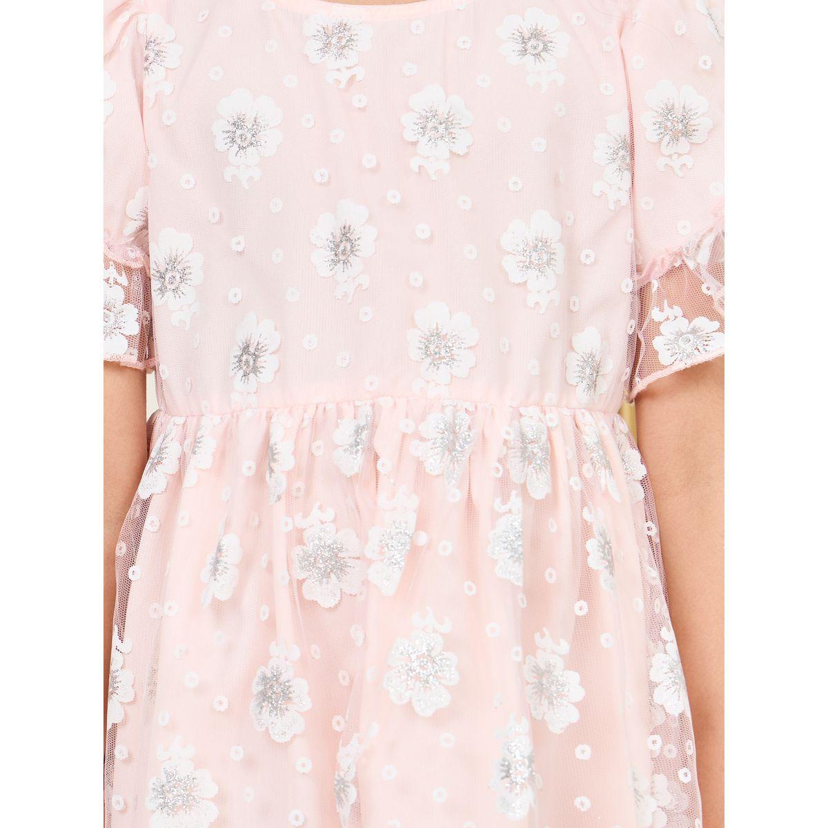 Styli Glitter Floral Print Mesh Overlay A-Line Dress-girls-clothing-dressesandjumpsuits-image-3