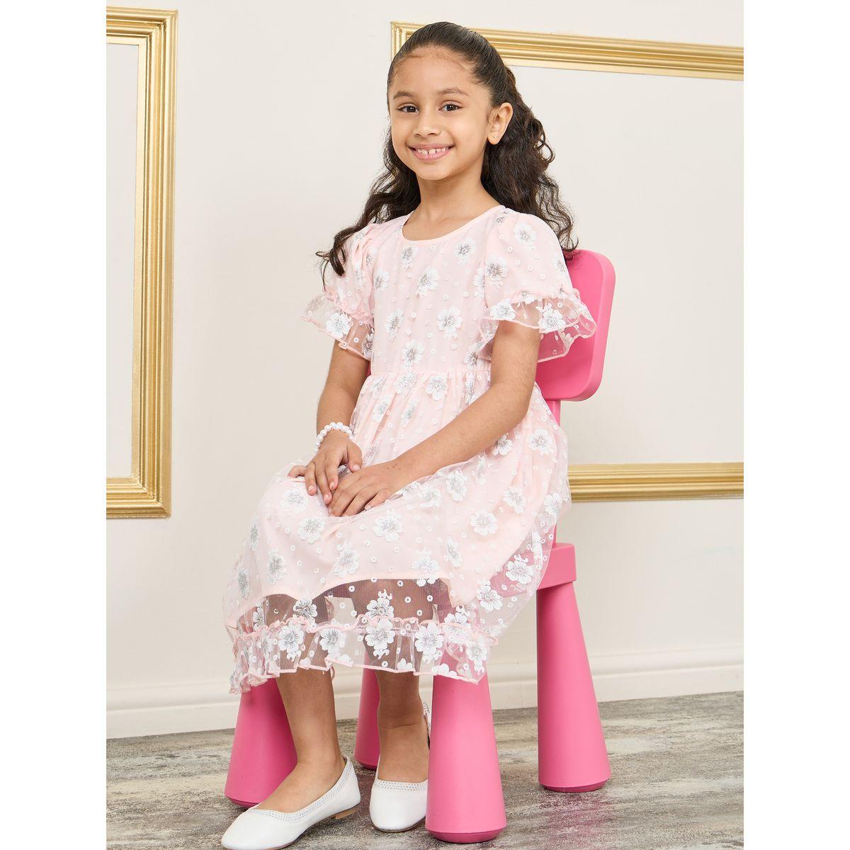Styli Glitter Floral Print Mesh Overlay A-Line Dress-girls-clothing-dressesandjumpsuits-image-5