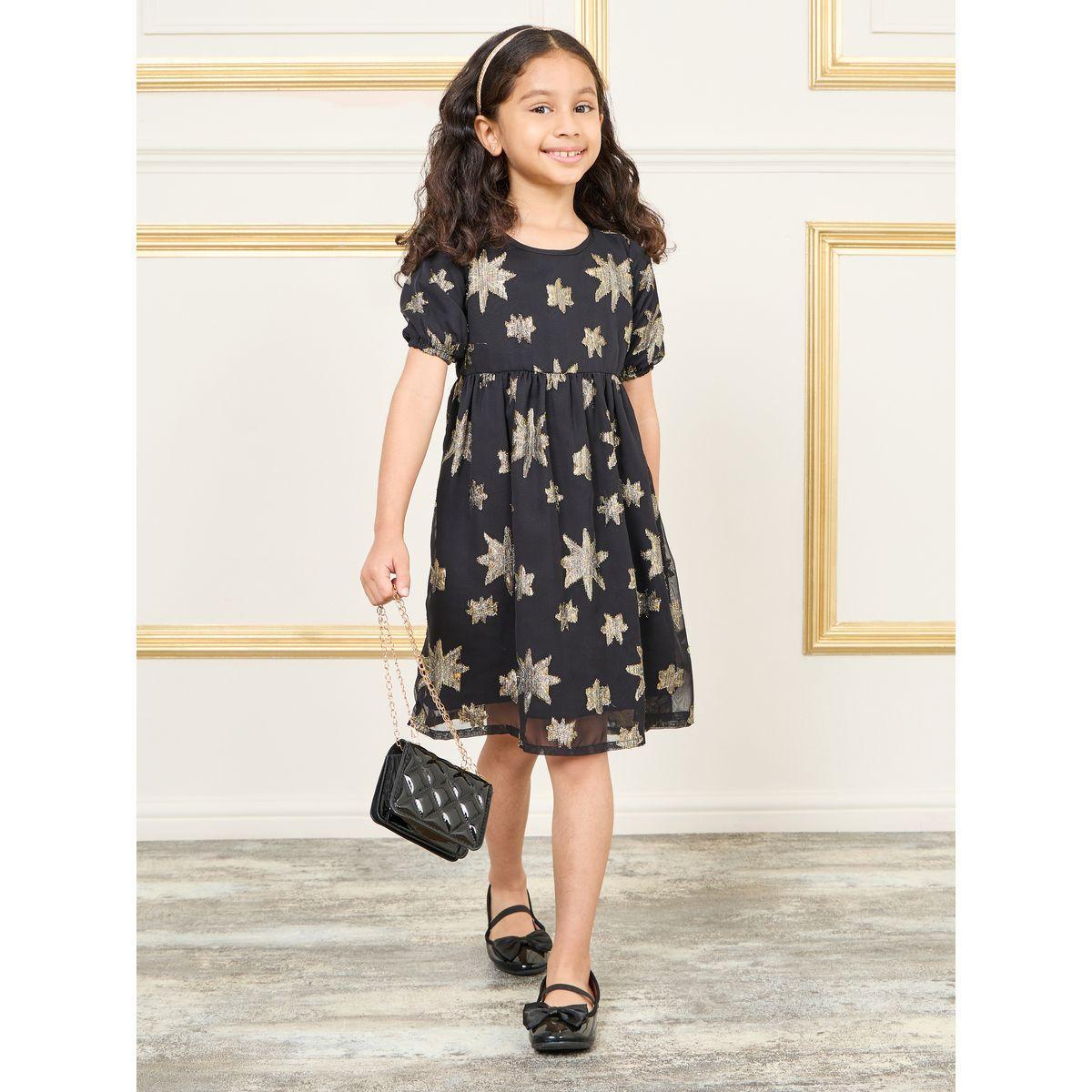 Styli All Over Star Embroidered Puff Sleeve A-Line Dress-girls-clothing-dressesandjumpsuits-image-1