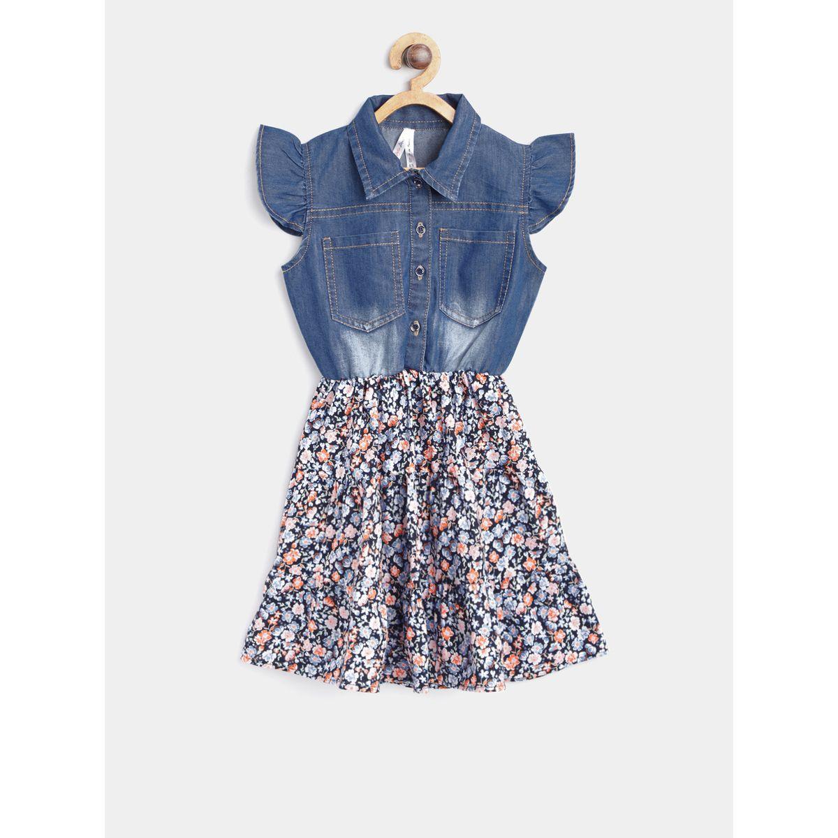 Styli Ruffle Sleeves Denim Floral Print Dress-girls-clothing-dressesandjumpsuits-image-1