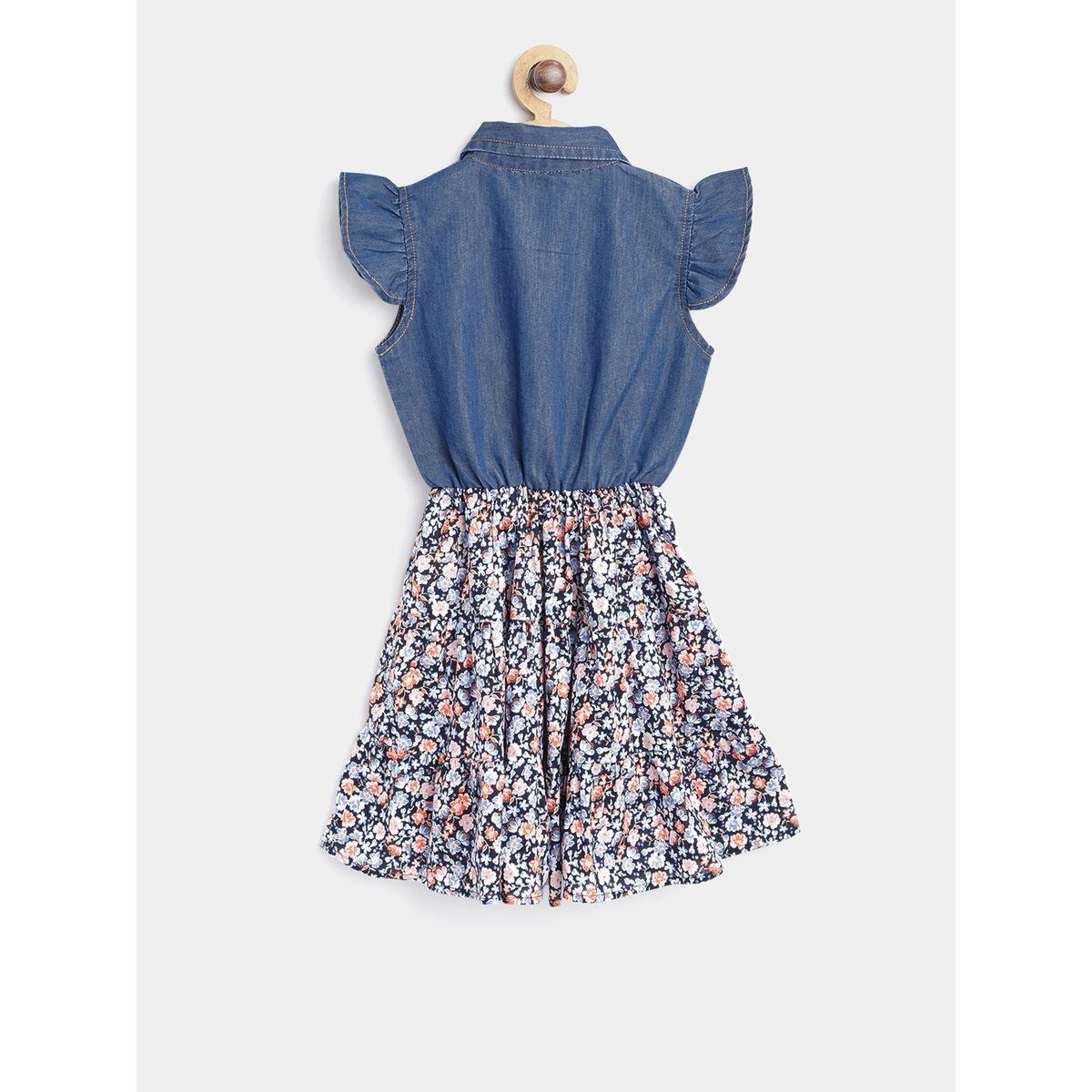 Styli Ruffle Sleeves Denim Floral Print Dress-girls-clothing-dressesandjumpsuits-image-2