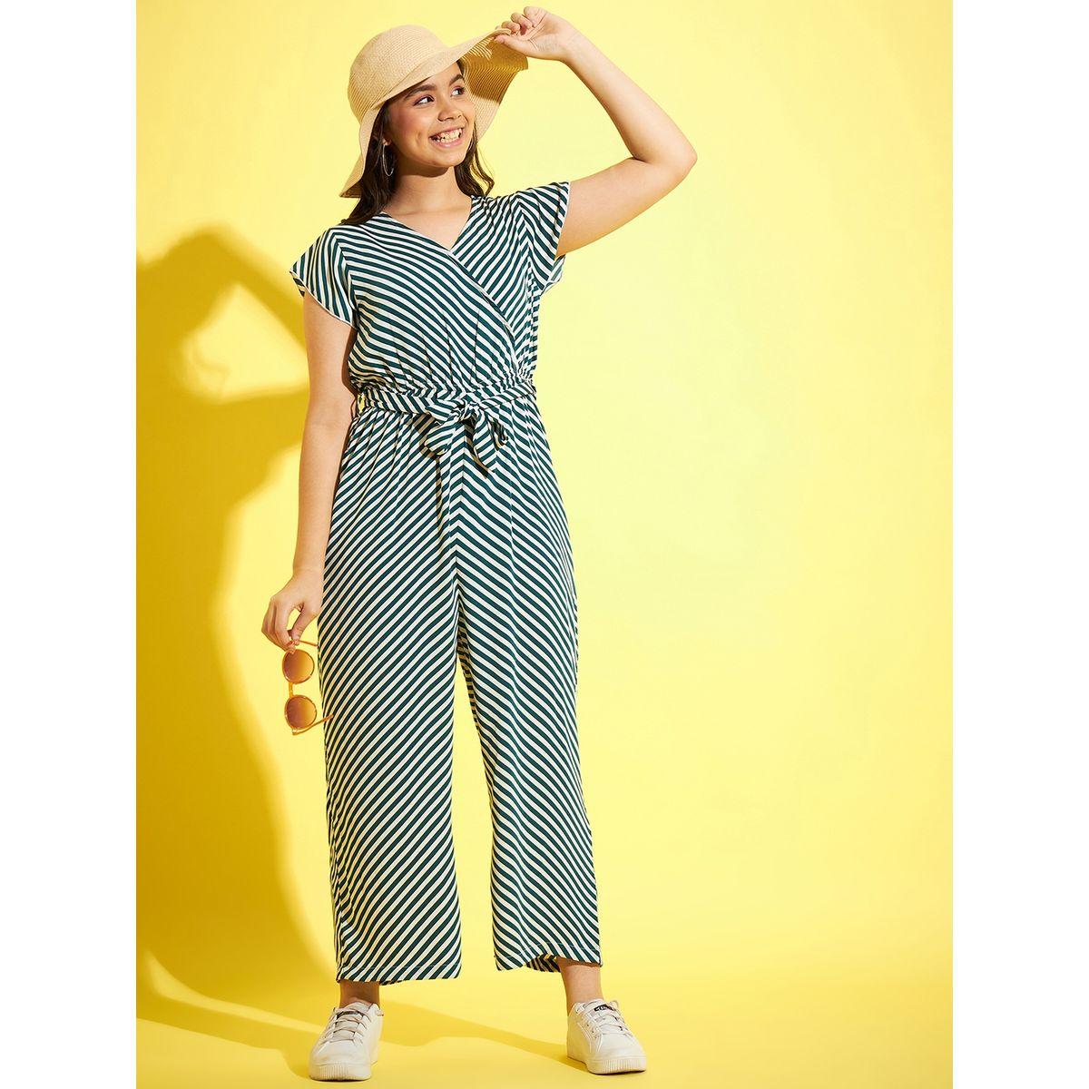 Styli Striped V Neck Wide Leg Jumpsuit with Self Tie Up-girls-clothing-rompers-image-1