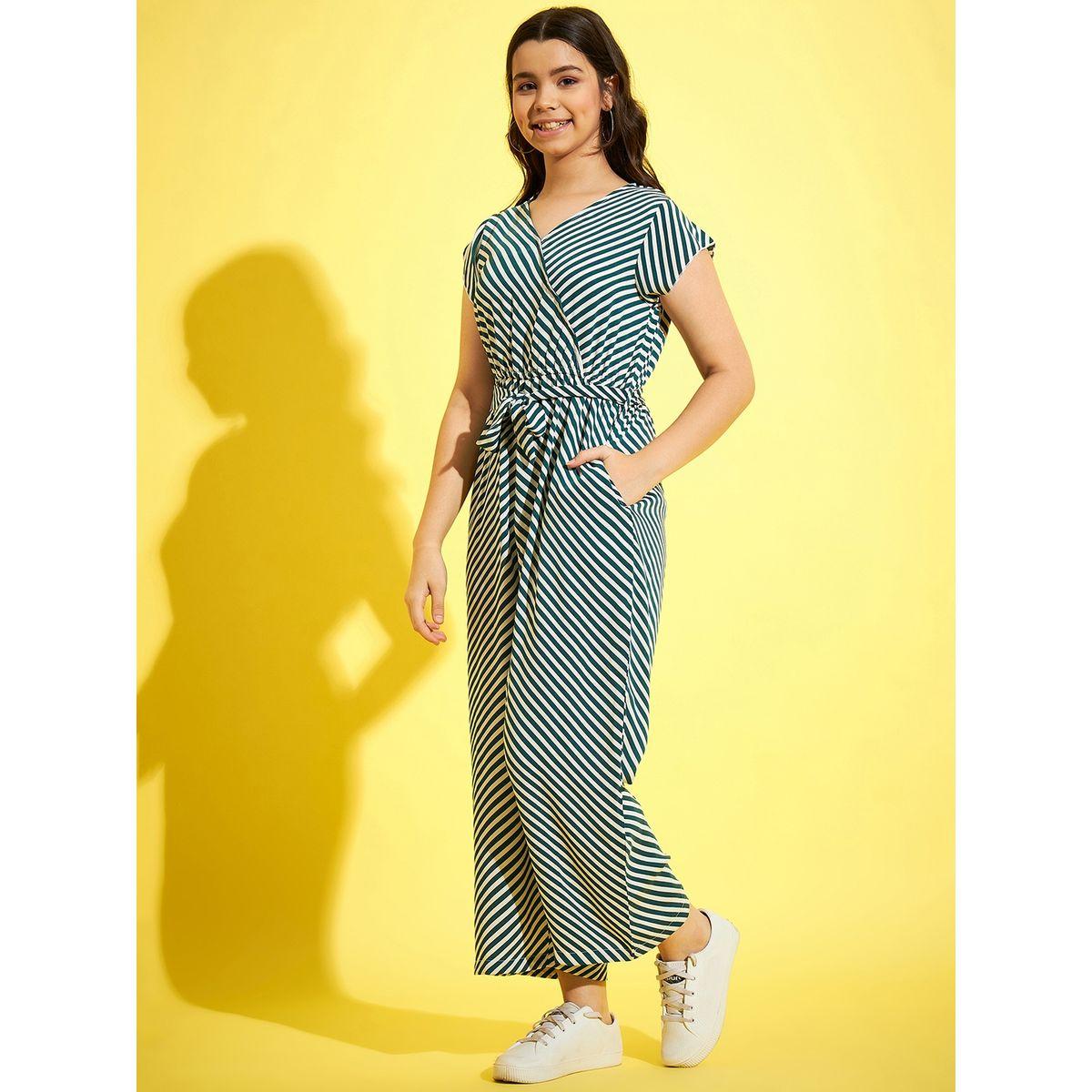 Styli Striped V Neck Wide Leg Jumpsuit with Self Tie Up-girls-clothing-rompers-image-5