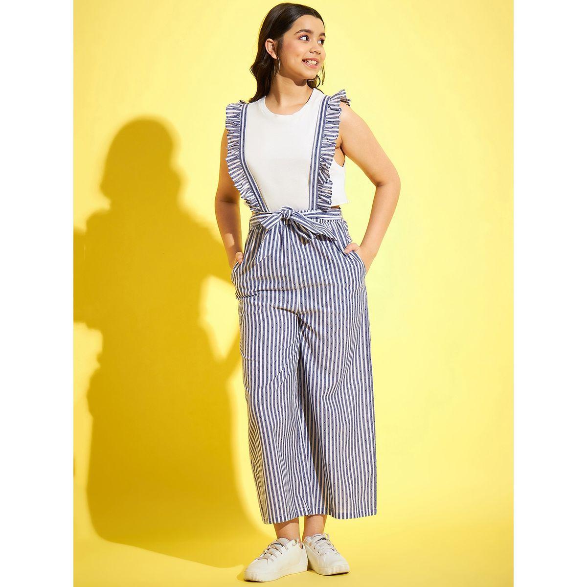 Styli Ruffle Detail Striped Dungaree with Self Tie Up-girls-clothing-rompers-image-1