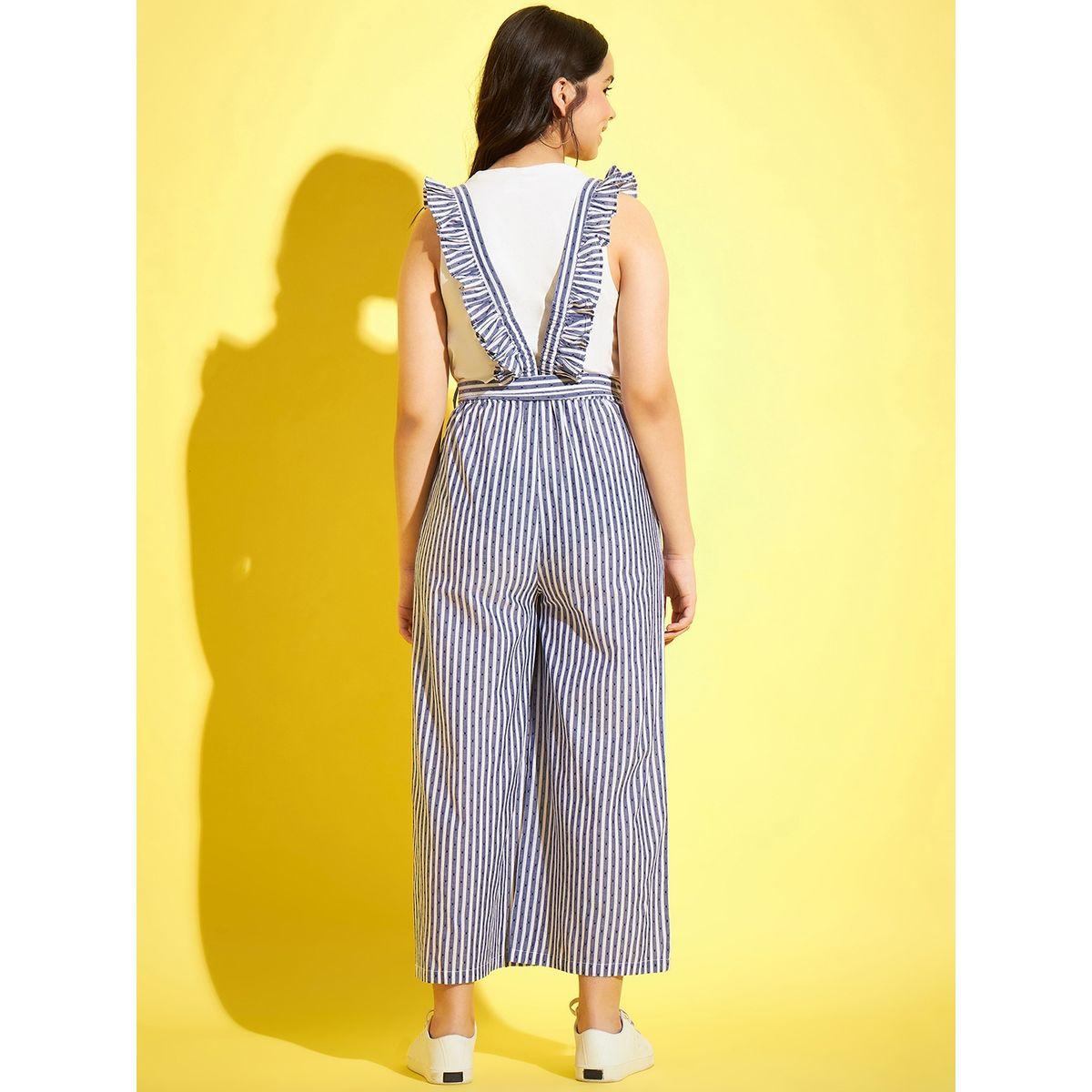 Styli Ruffle Detail Striped Dungaree with Self Tie Up-girls-clothing-rompers-image-2